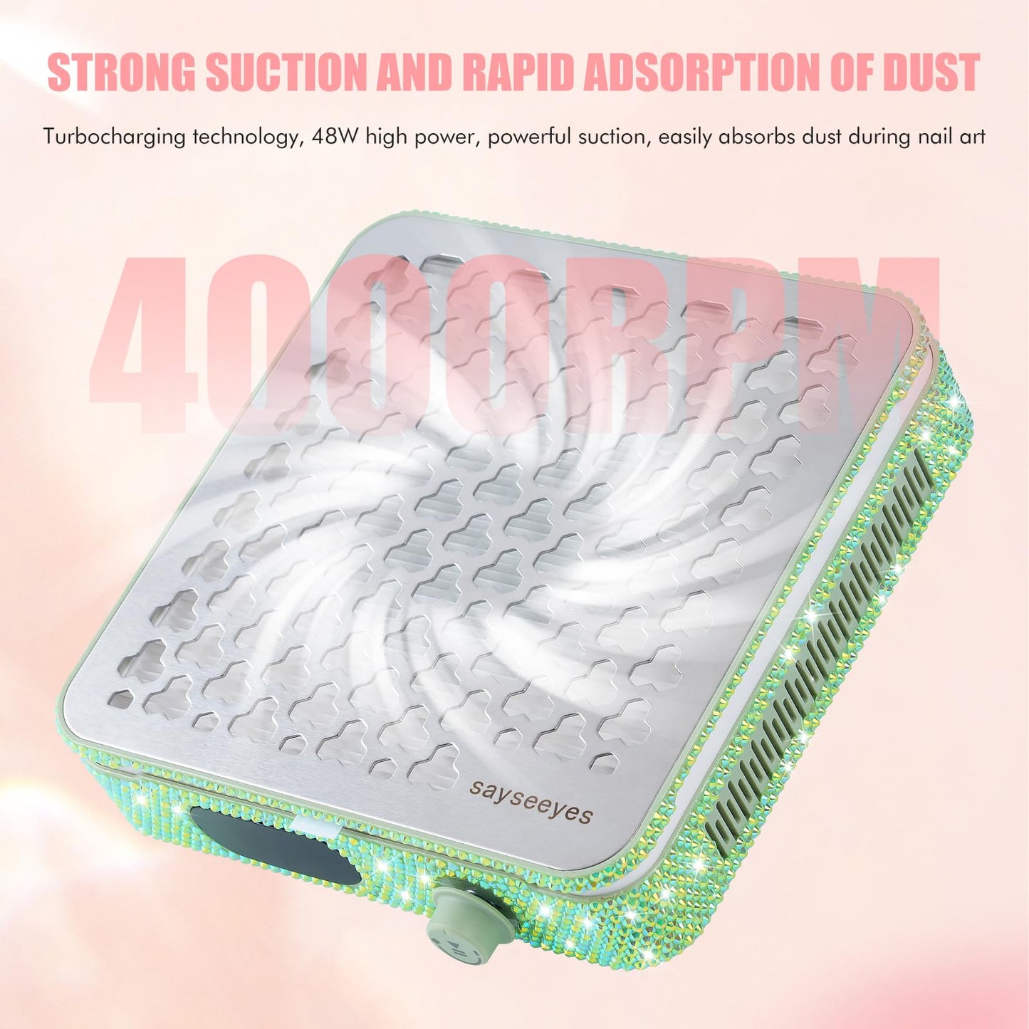 Electric Automatic Nail Dust Collector with Shiny Rhinestones Stickers, Rechargeable Collector with for Nails Polishing, Nail Salon Home (Green)