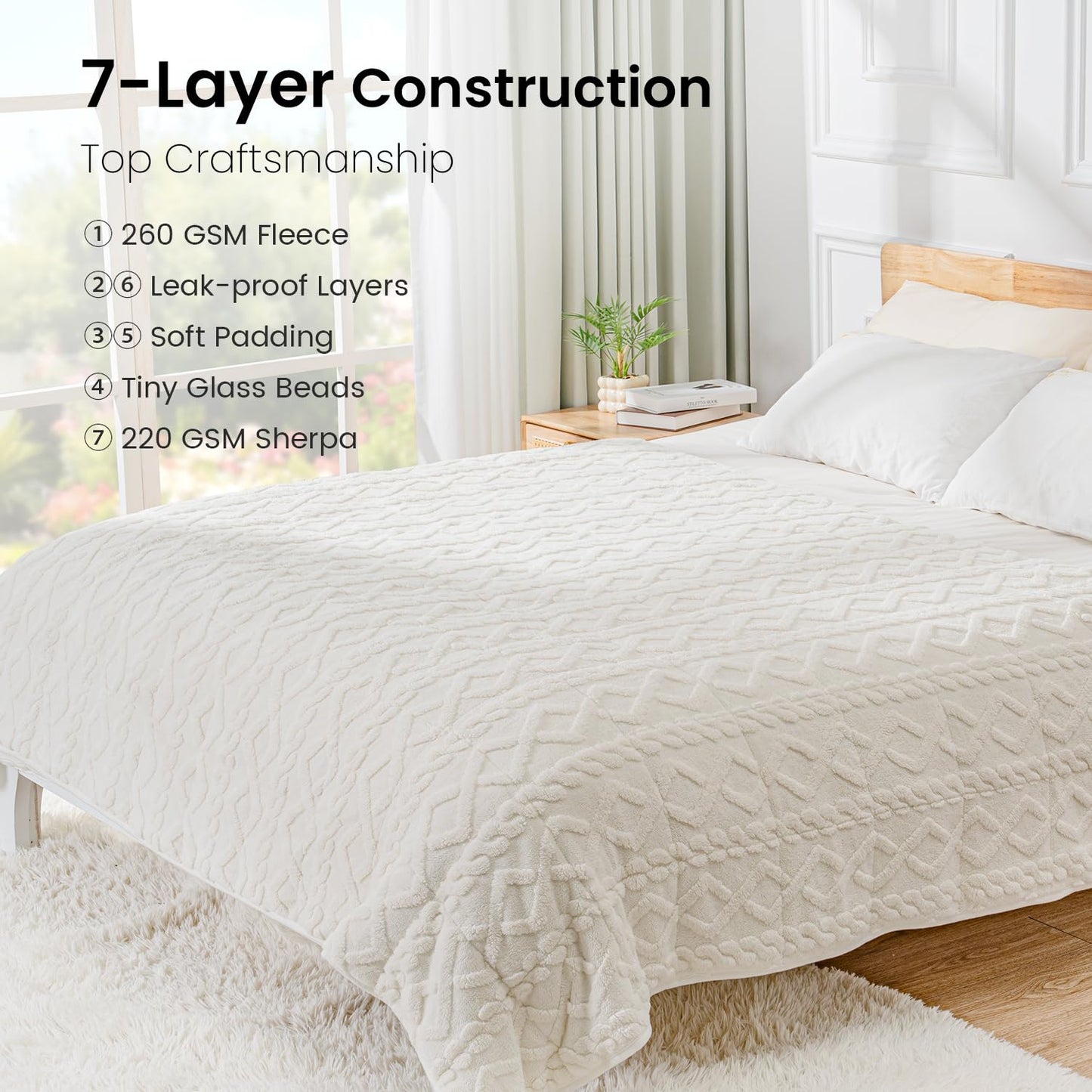 Weighted Blanket for Adults 15lbs, Drewin Soft and Thick Jacquard Sherpa Heavy Blanket for Calming and Relax, Dual Sided Ultra Soft Fuzzy Throw Blanket with Ceramic Beads, 60 x 80 inches, Cream White