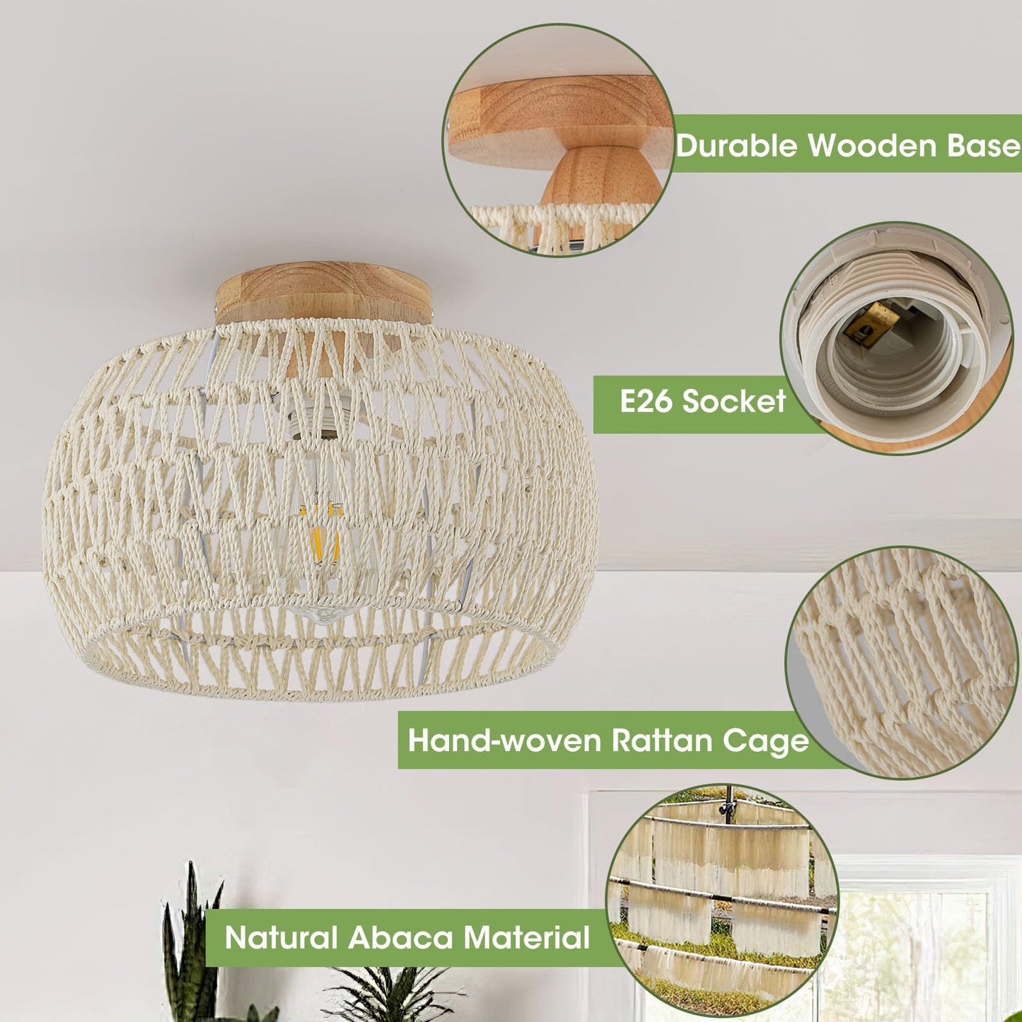 Cream White Rattan Light Fixtures,Boho Ceiling Light Chandelier,Rattan Flush Mount Ceiling Light Hand-Woven Lamp Shade Small Chandelier Light for Bedroom Kitchen Entryway Chandelier Nursery Light