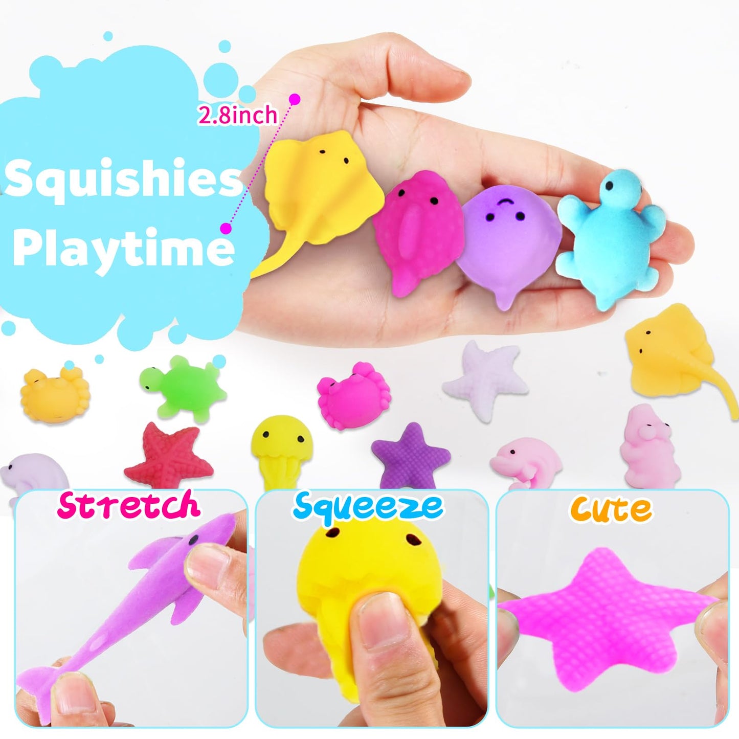 FUNNYB&G Kawaii Mochi Squishies Fidget Toy - 100 pcs Squishy Party Favors Kids Classroom Prize Birthday Goodie Bag Stuffers - Stress Relief Pack for Girls Boys Christmas Valentines Gift (Ocean)