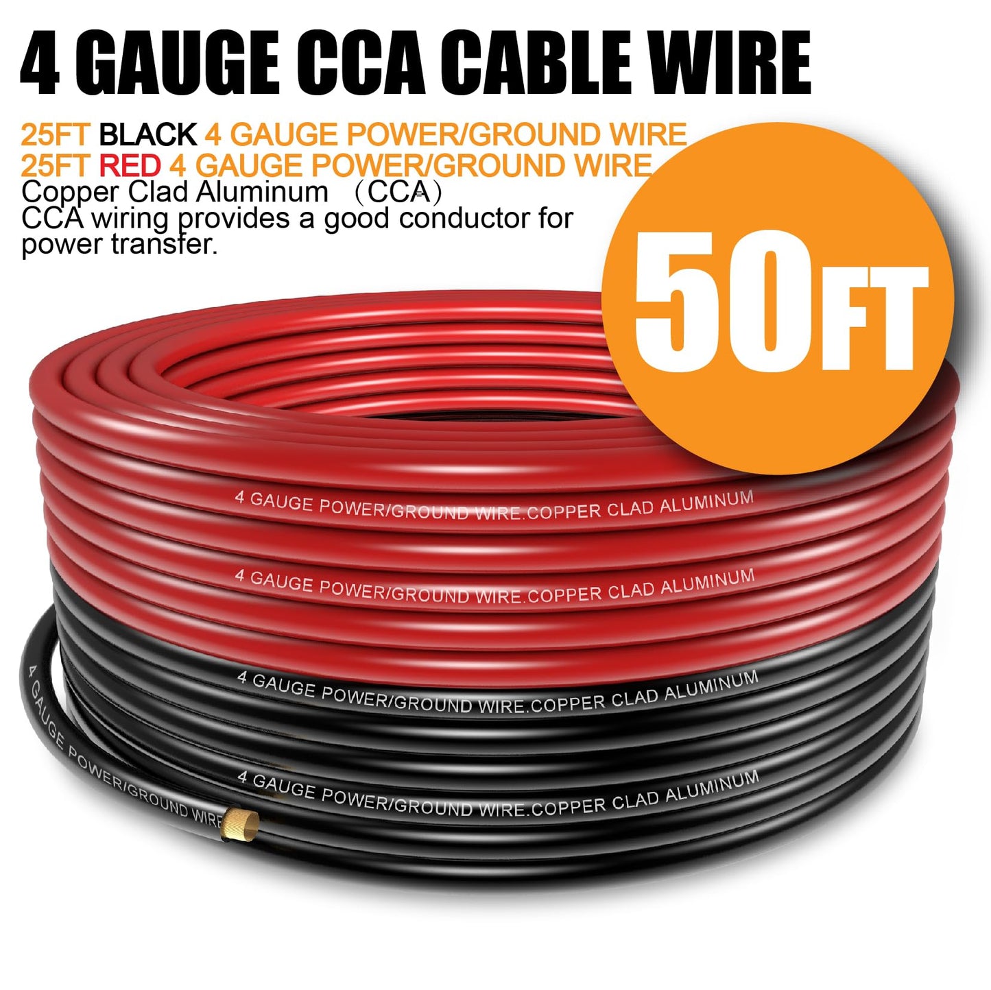 Fuzbaxy 4 Gauge Wire (25 Feet Black+25 Feet Red) Copper Clad Aluminum CCA/Primary Automotive Wire Power Ground,Battery Cable Lugs Terminal Connectors,Heat Shrink Tubing,100A ANL Fuse with Cutter