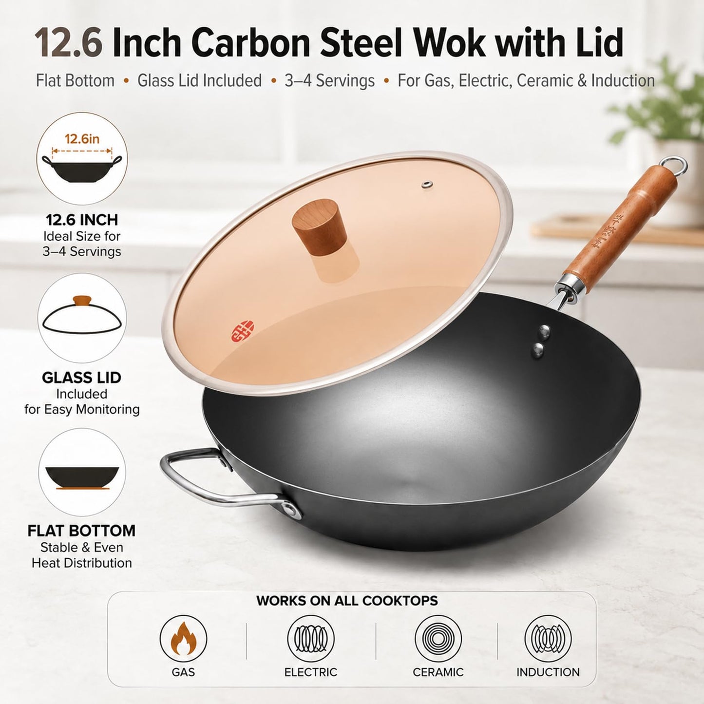WANGYUANJI Carbon Steel Wok Pan, 12.6" Woks & Stir-Fry Pans with Glass Lid No Chemical Coated Flat Bottom Iron Wok for Induction, Electric, Gas, Halogen All Stoves
