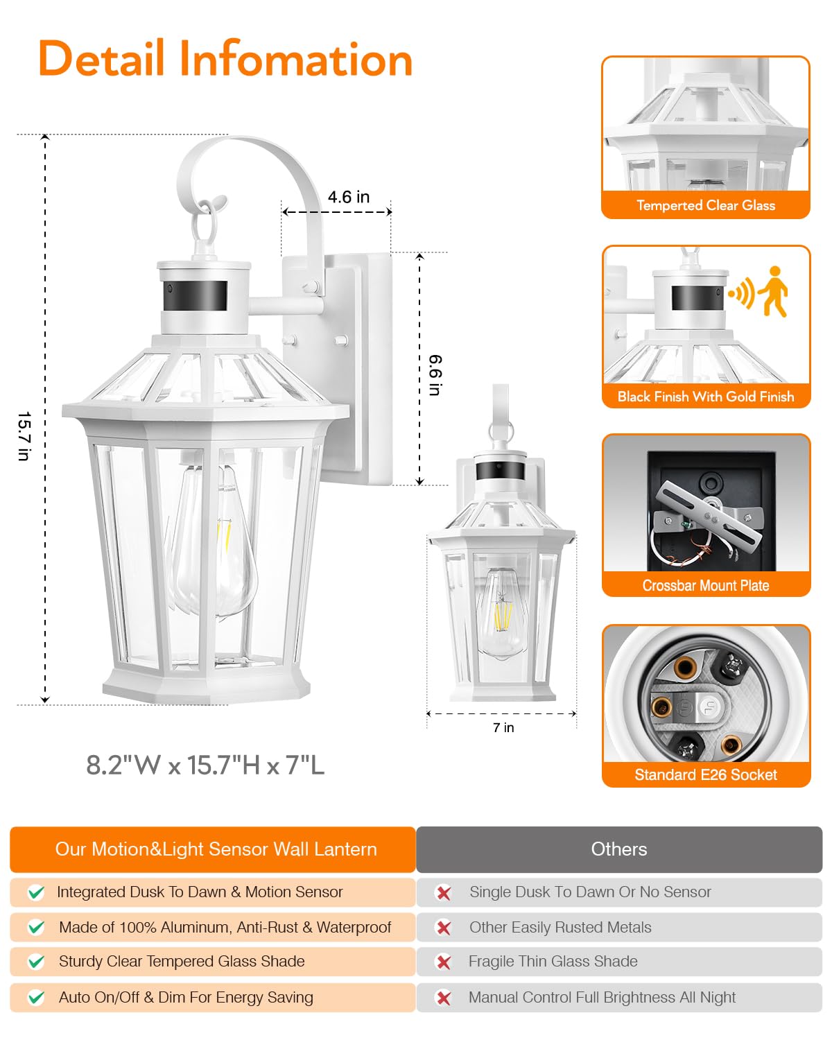 VIANIS Outdoor Wall Lantern with Motion Sensor, Dusk to Dawn Exterior Light Fixtures Wall Mount, Modern White Outside Front Porch Light, Anti-Rust 100% Aluminum Outdoor Wall Sconce for Garage