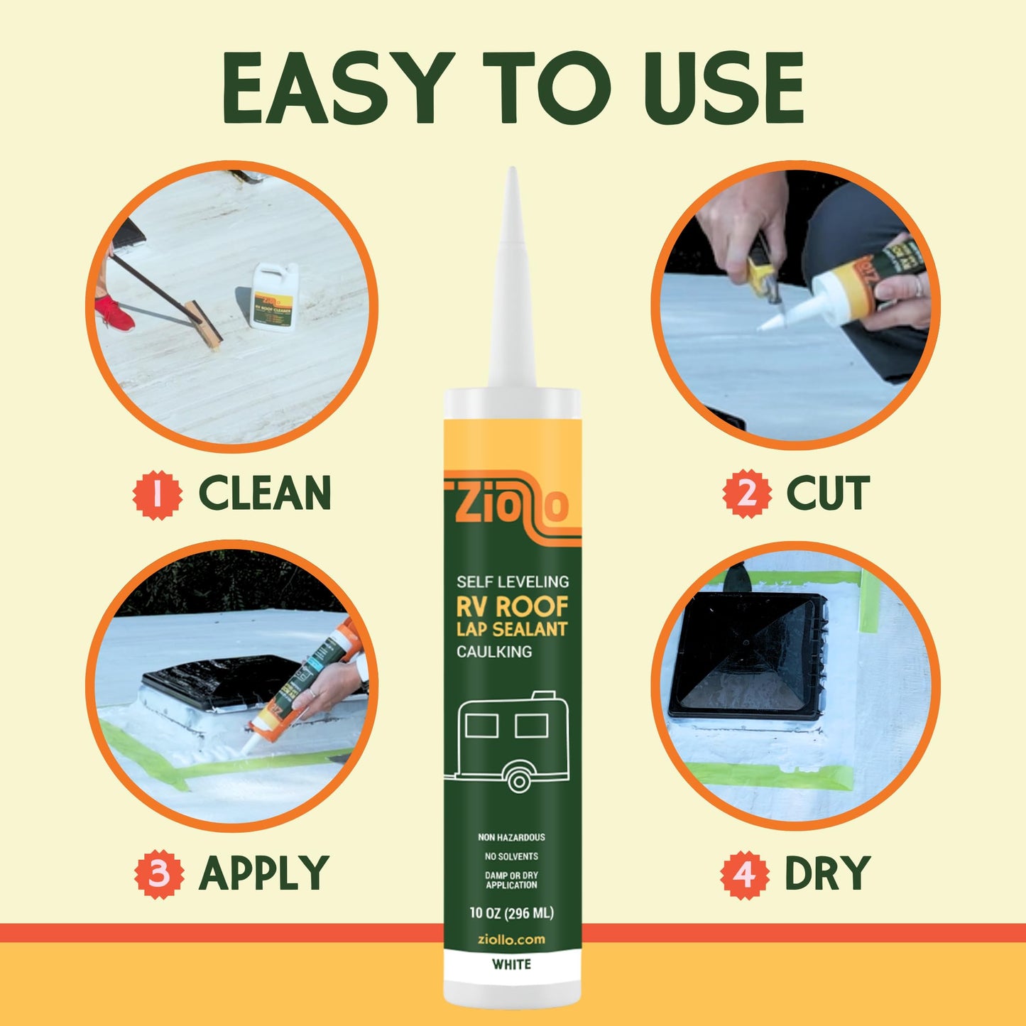 Ziollo RV Roof Lap Sealant - Self-Leveling EPDM Caulk for Rubber Roofs, Seams & Vents - Waterproof Sealant for Motorhomes, Trailers & Campers - White, 2-10 oz Tubes