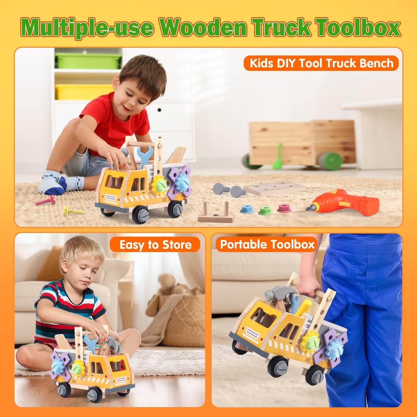Aliex 38PCS Kids Wooden Truck Tool Set with Toy Drill for Toddlers Ages 3 4 5 6 ,Montessori STEM Educational Learning Construction Workbench Pretend Play Tool Kit,Birthday Sensory Gift for Boys Girls