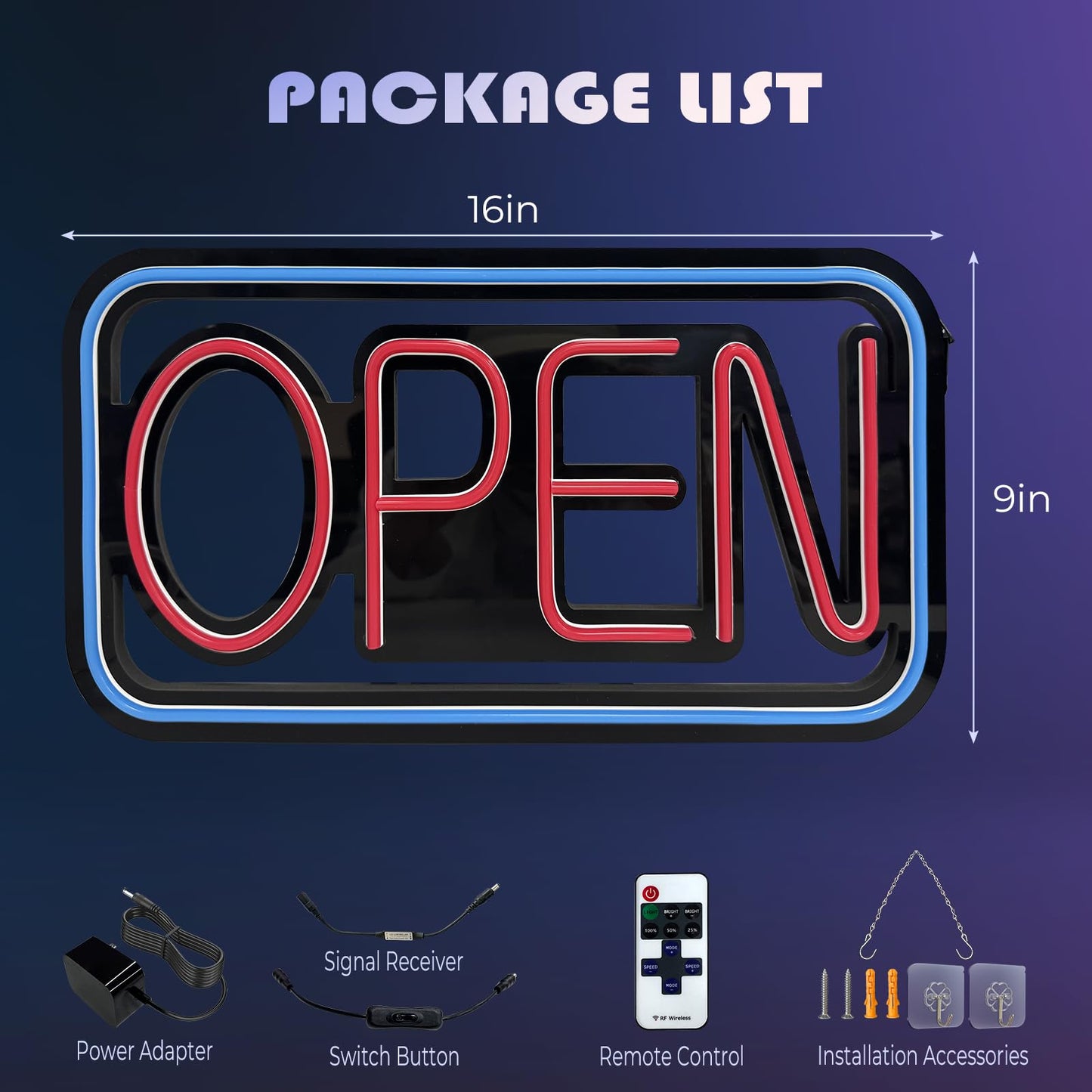 SUNLUMI Open Signs for business, 16" x 9" Ultra Bright LED Open Sign, 10 Flashing Modes and 10 Adjustable Brightness Levels, Neon Open Sign with Remote and 12V Power Adaptor for Bar, Store, Salon
