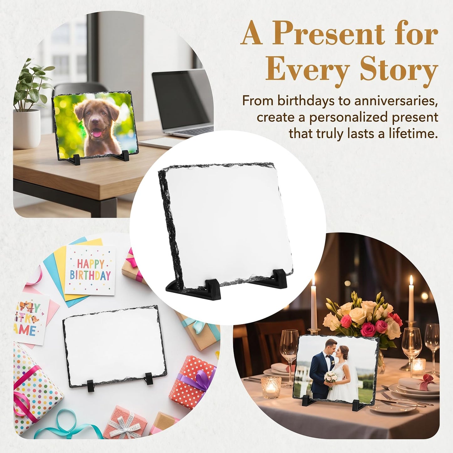 Nicunom 6 Pack 7.5 x 5.5 In Sublimation Blank Slate Rock Photo Plaque Frame with Display Stand, Personalized Rectangular Picture Stone Frame, DIY Gift for Easter Father's Day Birthday Wedding