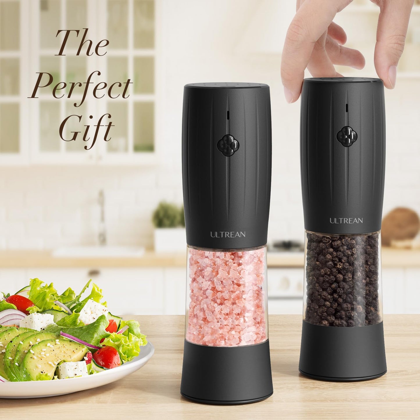 Ultrean Pepper Grinder 2pcs, Rechargeable Salt and Pepper Grinder with 6 Adjustable Coarseness, One-Hand Automatic Operation, LED Light(Black)