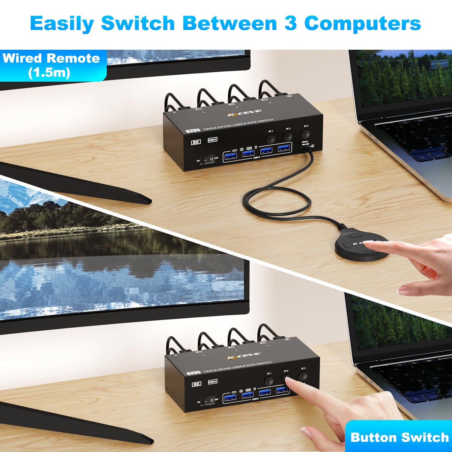 4K@144Hz KVM Switch 2 Monitors 3 Computers 8K@60Hz,Camgeet HDMI and Displayport Dual Monitor KVM Switch with 4 USB 3.0 Port for Keyboard Mouse Printer,Wired Remote,Power Adapter and USB Cable Included