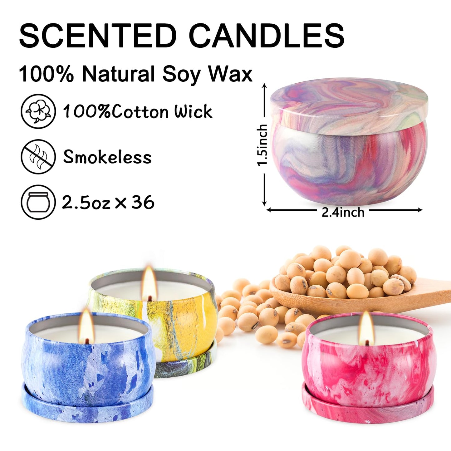 36 Packs Scented Candles Gift Set, Fragrances Candle for Women, 2.5 OZ Portable Jar Candle for for Spa, Yoga, Bath, Aromatherapy, Stress Relief