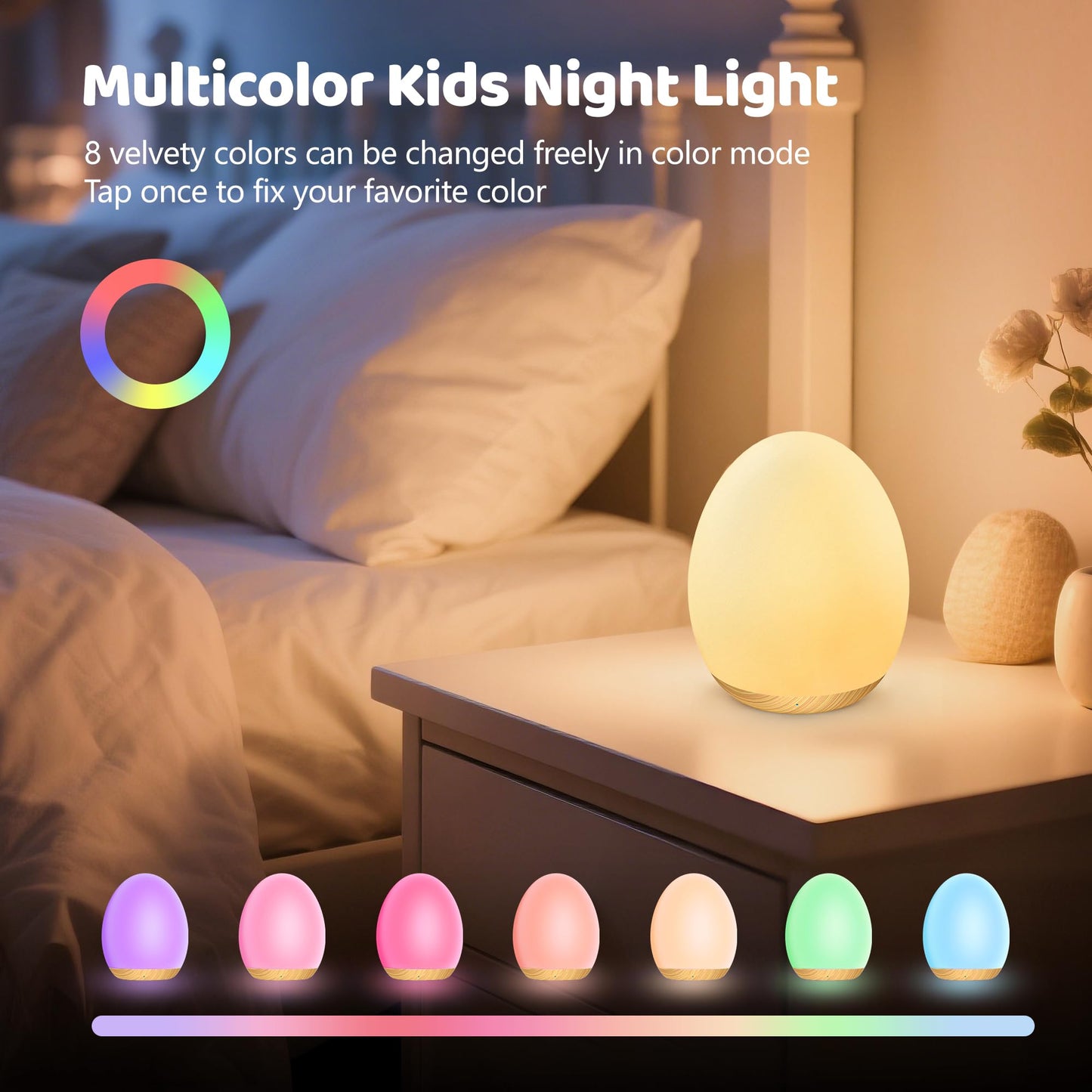 Night Lights for Kids, MediAcous Baby Night Light with 7 Colors Changing & Dimming Function, Rechargeable Kids Night Light with 1 Hour Timer & Touch Control, Up to 100H, Wood Grain