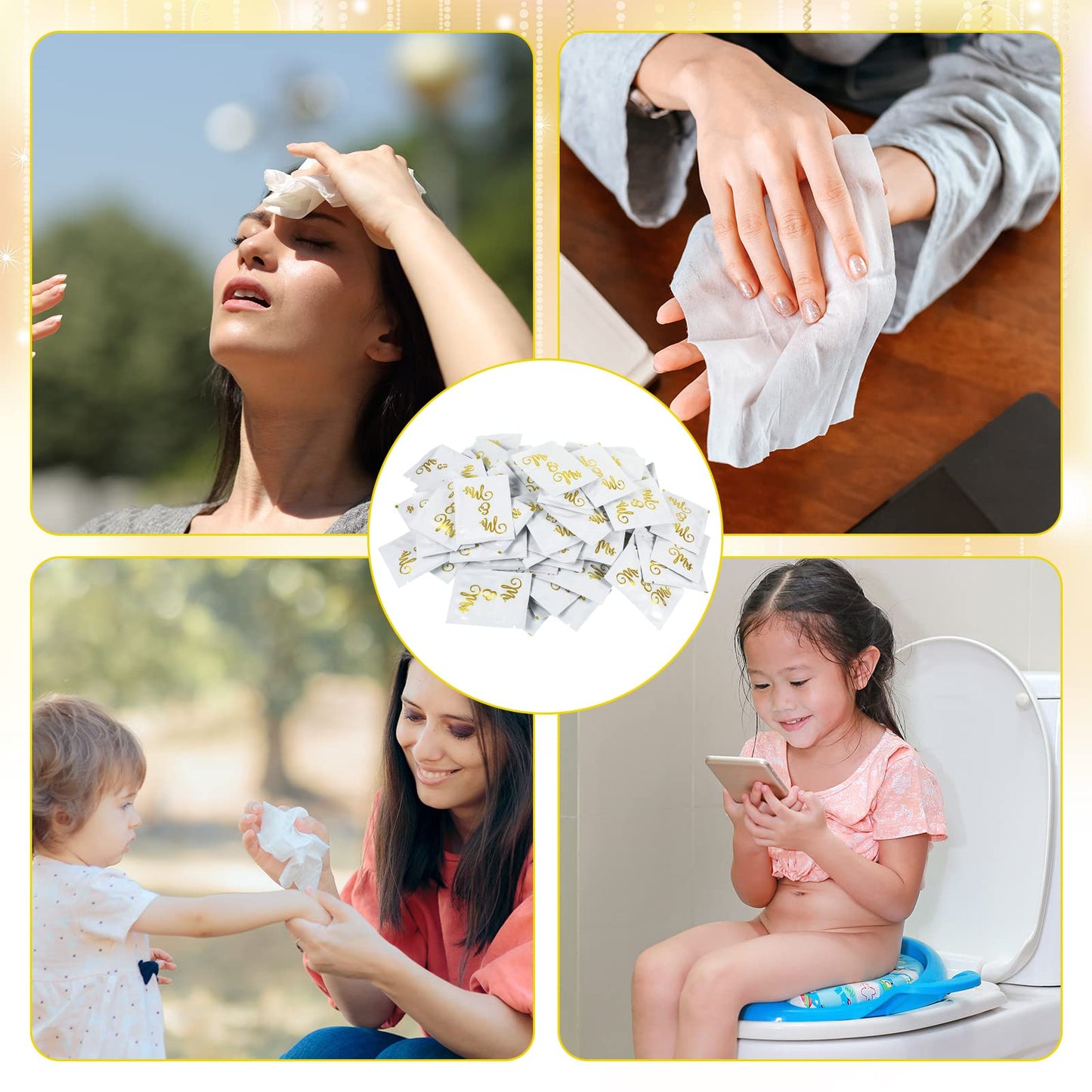 200 Pack Wedding Wipes for Reception Mr and Mrs Guest Wrapped Wipes Wedding Flushable Hand Wet Gold Foil Decorations for Travel Anniversary Bridal Shower Party Supplies Favor