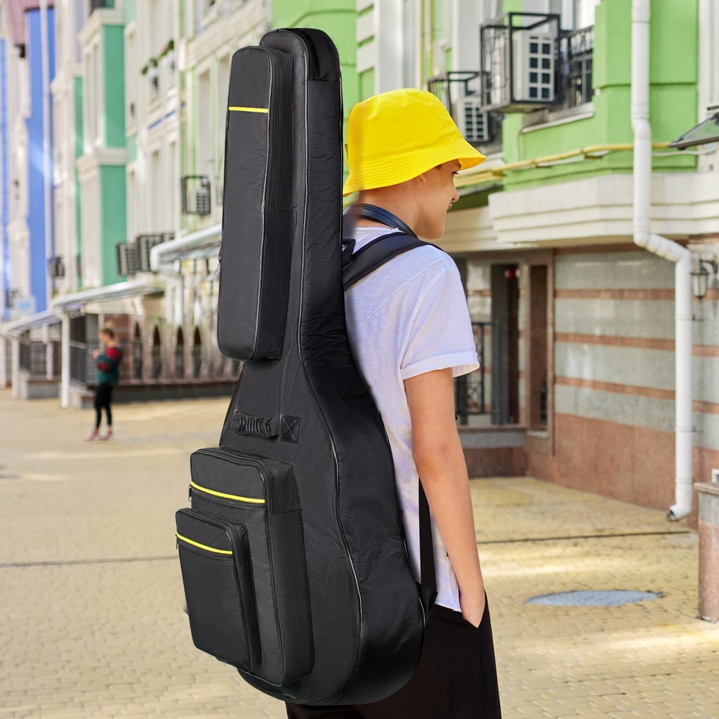 CAHAYA 44 Inch Guitar Bag Multi-Pockets for Jumbo and Dreadnought Yellow Line Guitar Case 0.47in Thick Padding Waterproof Dual Adjustable Shoulder Strap Gig Bag with Back Hanger Loop CY0284