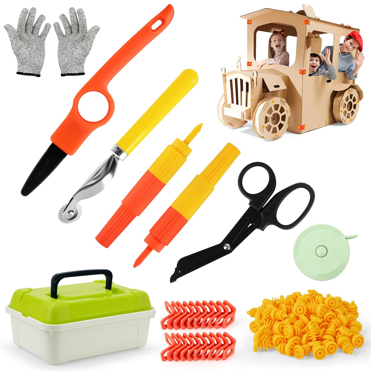 Cardboard Tools for Kids, 170 Pcs Kid Safe Cardboard Cutter with Box, Construction Kit for Family, Classroom Learning, STEM Educational Toys Birthday Gift for Boys and Girls Aged 4+