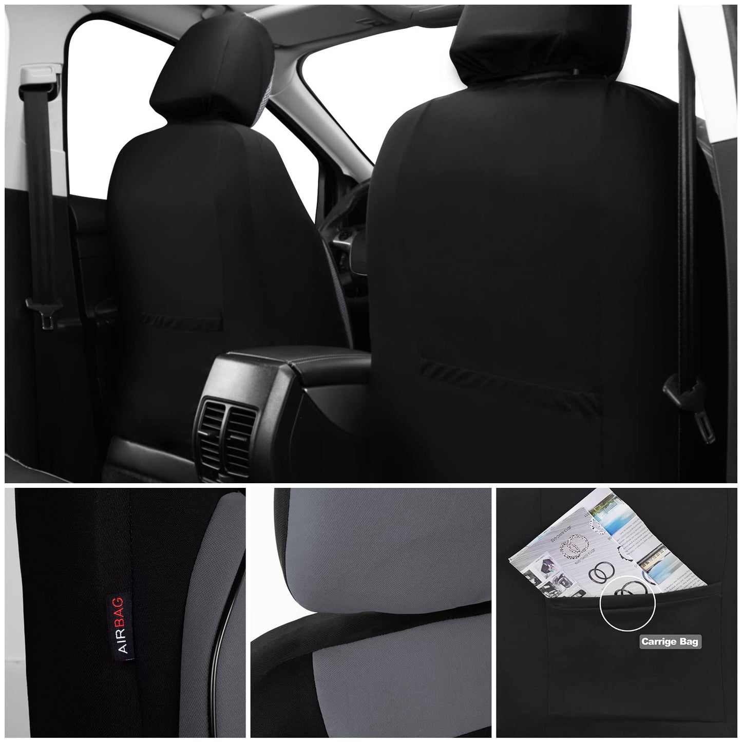CAR PASS 6PCS Elegance Universal Fit Two Front Car Seat Covers Set, Foam Back Support, Airbag Compatible, 100% Breathable (Black with Gray)