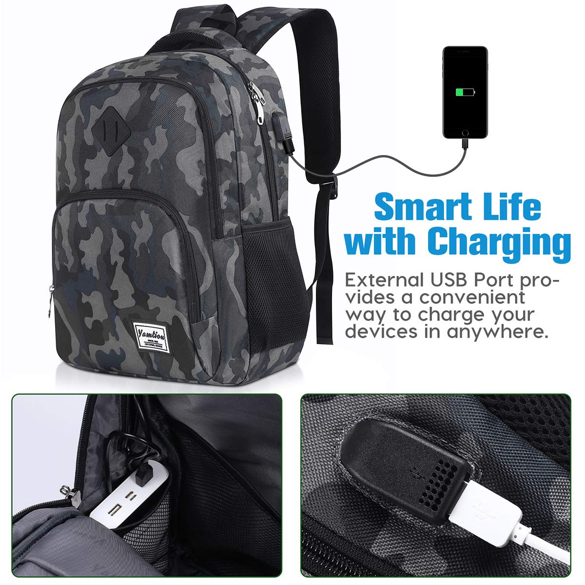 YAMTION 17 Inch School Backpack for Teen Boys,Bookbag for High School College Backpack with USB,Camouflage Black
