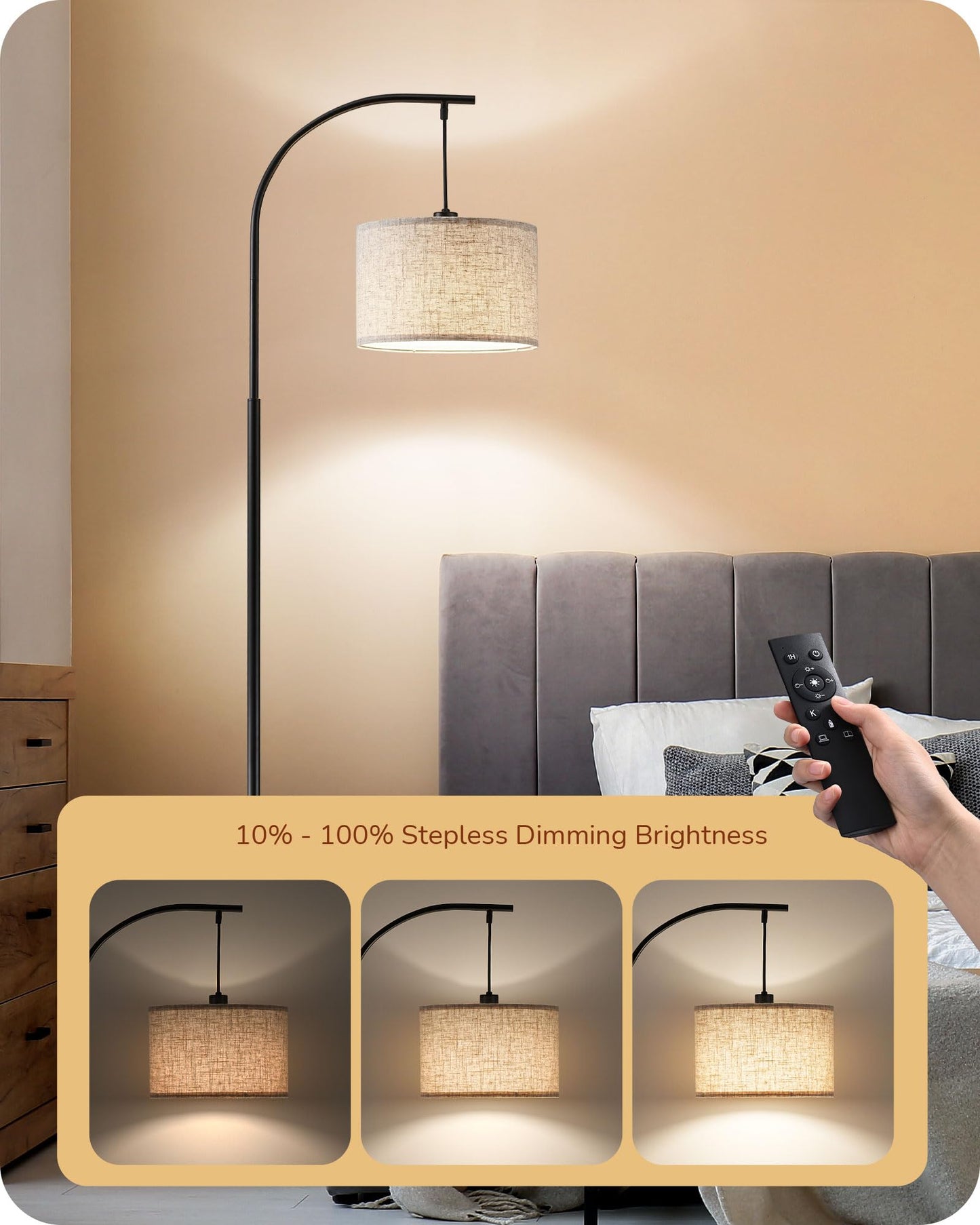 EDISHINE Modern Arc Floor Lamp with Beige Linen Drum Shade & Heavy Base, Dimmable Black Reading Light, Remote Control Bulb Included, Tall Standing Lamp for Reading, Office, Lighting
