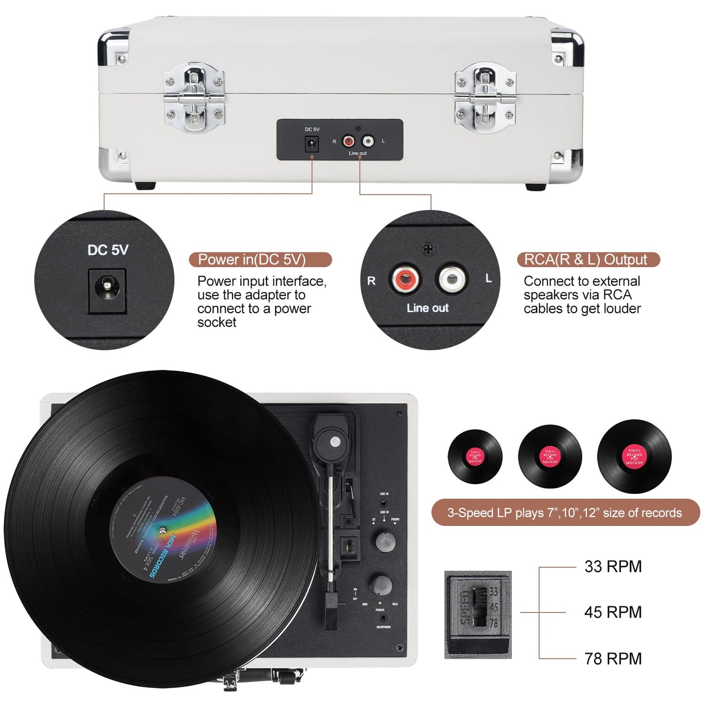 DIGITNOW! Turntable Record Player 3speeds with Built-in Stereo Speakers, Supports USB/RCA Output/Headphone Jack / MP3 / Mobile Phones Music Playback,Suitcase design