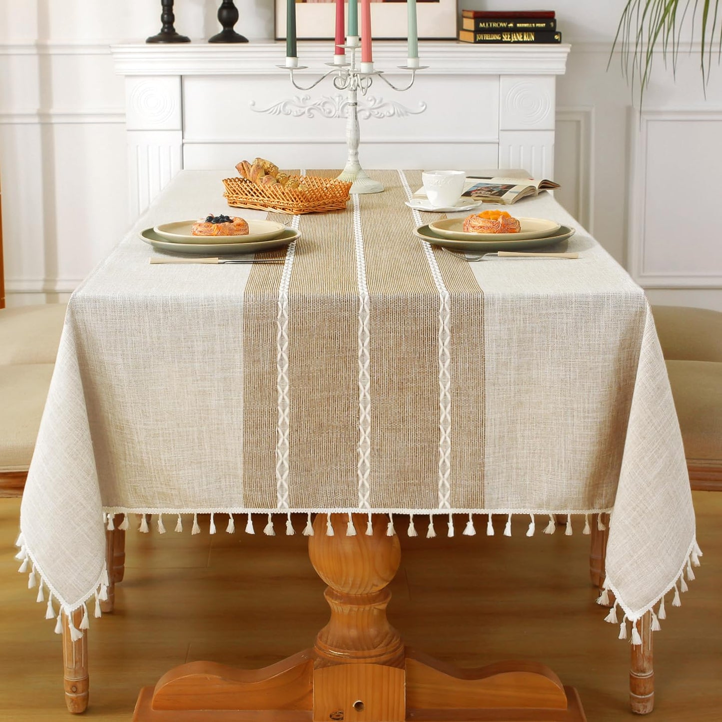 Laolitou Rustic Tablecloth Cotton Linen Waterproof Tablecloth Burlap Table Cloths for Kitchen Dining Cloth Table Cloth for Rectangle Tables Coffee Lines Rectangle,55''x70'',4-6 Seats