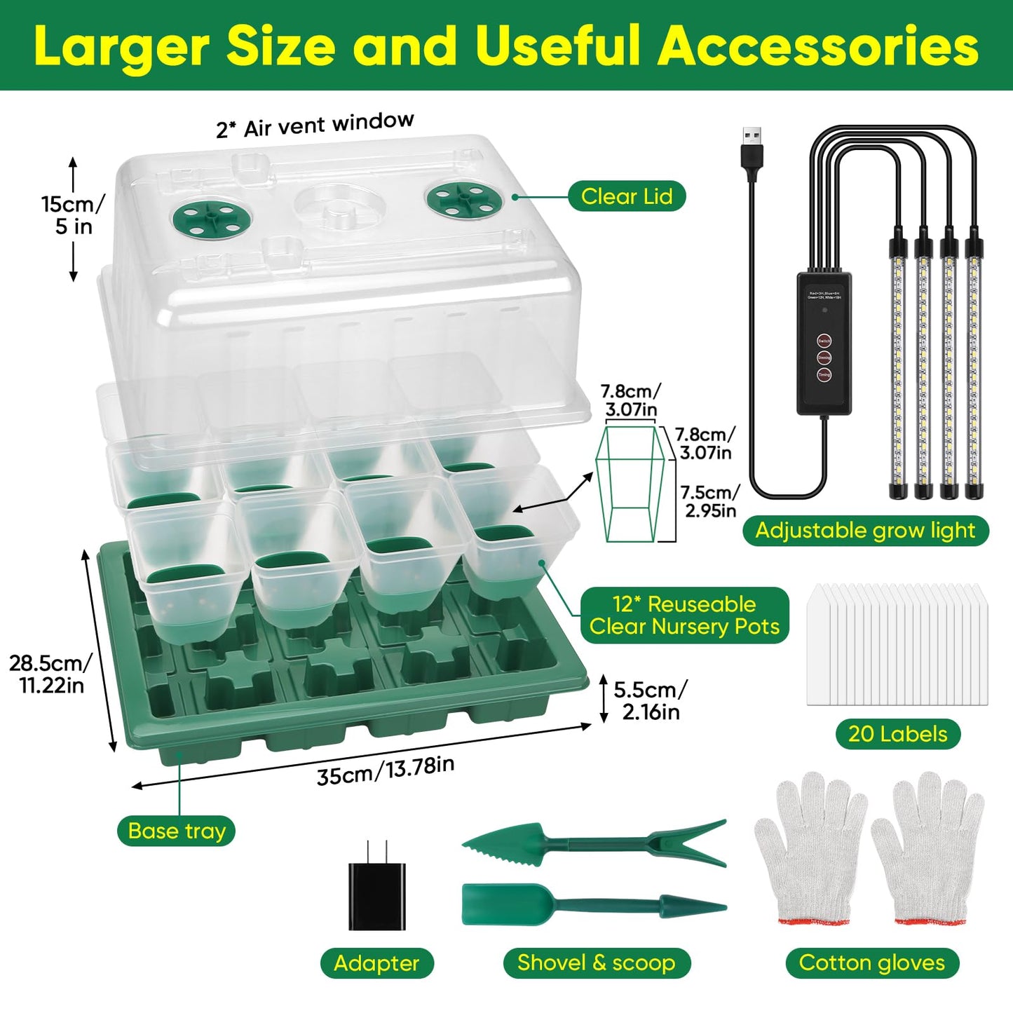 BlumWay Seed Starter Tray with Grow Light,24 Pack 2.9 inch Reuseable Clear Nursery Pots with Silicone Base/Humidity Dome for Deep-Rooted Seedlings,Adjustable Timed Light Plant Starter Set