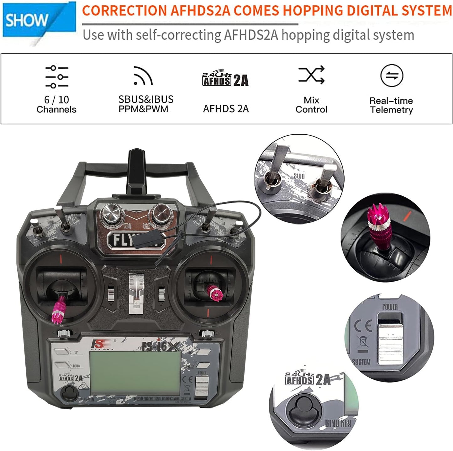 Alaohu Flysky FS-i6X 10CH RC Transmitter and Receiver FS-iA10B 2.4GHz AFHDS 2A for FPV Drone RC Car and Boat (Mode_2) Black