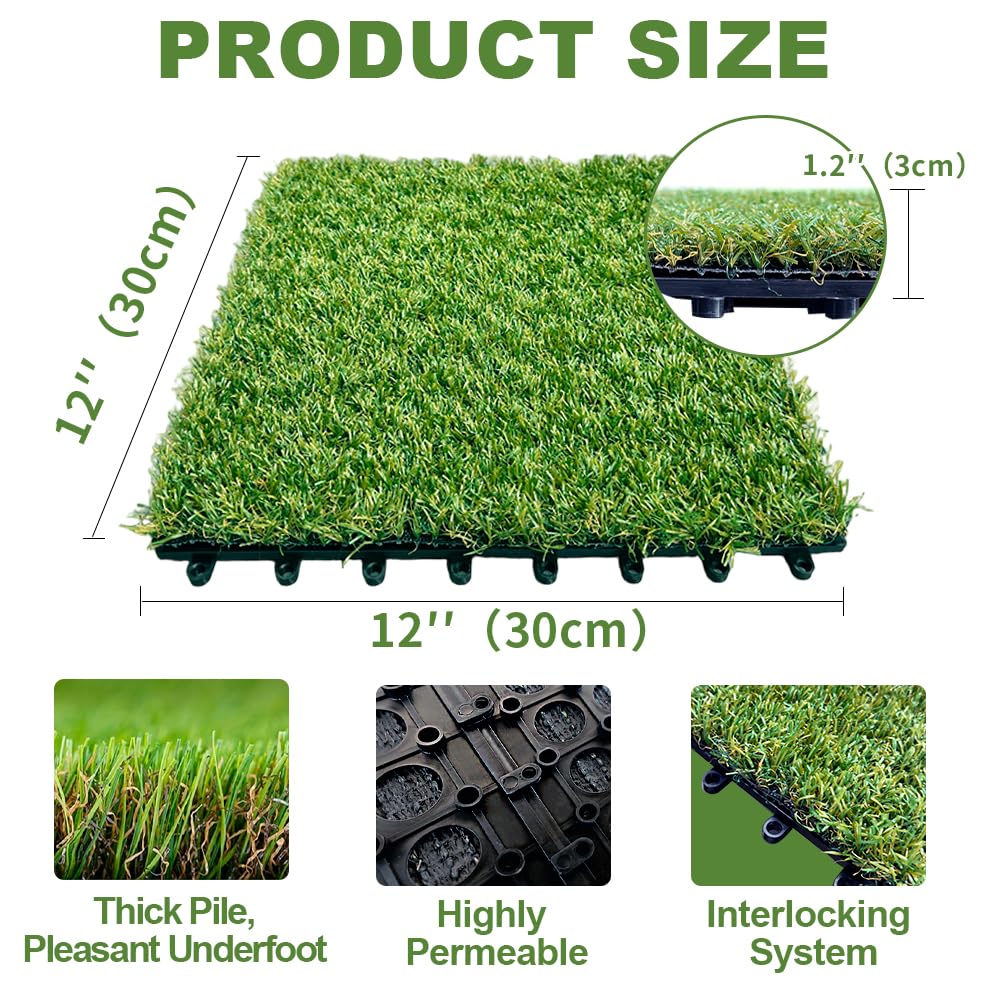 Qingbei Rina Artificial Grass Turf Tiles Interlocking for Patio Balcony,12"x12" Artificial Turf Grass Outdoor Rug for Dogs Potty Pet Squares Grass Decor Pad,Self-draining Flooring Indoor (9 Pack)