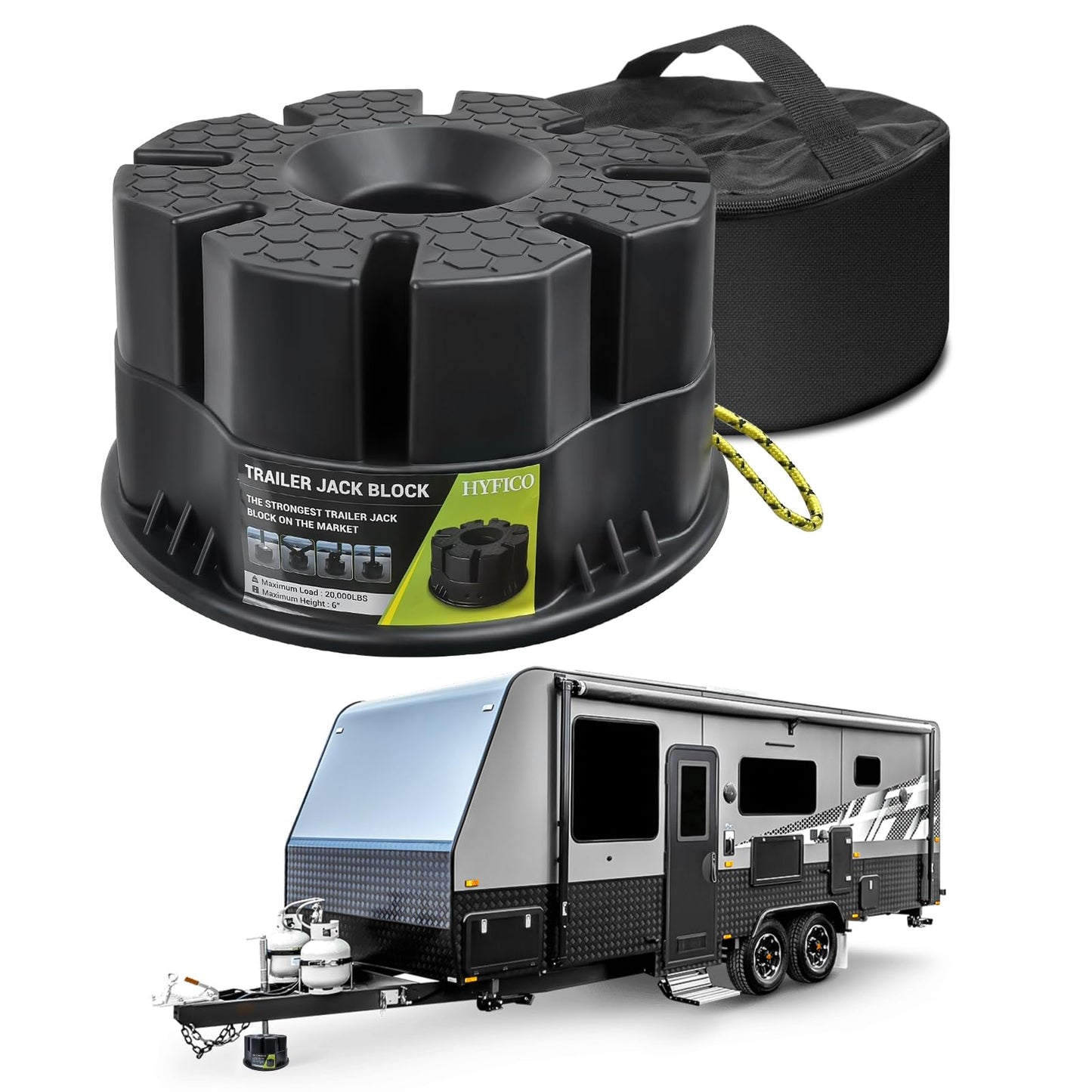 Trailer Jack Blocks - RV Leveling Block for Travel Trailers Wheels and Any Jack, 20,000 lbs RV Jack Blocks with Bag, Camper Jack Block Universal Compatibility & Convenient Storage 1 Pack