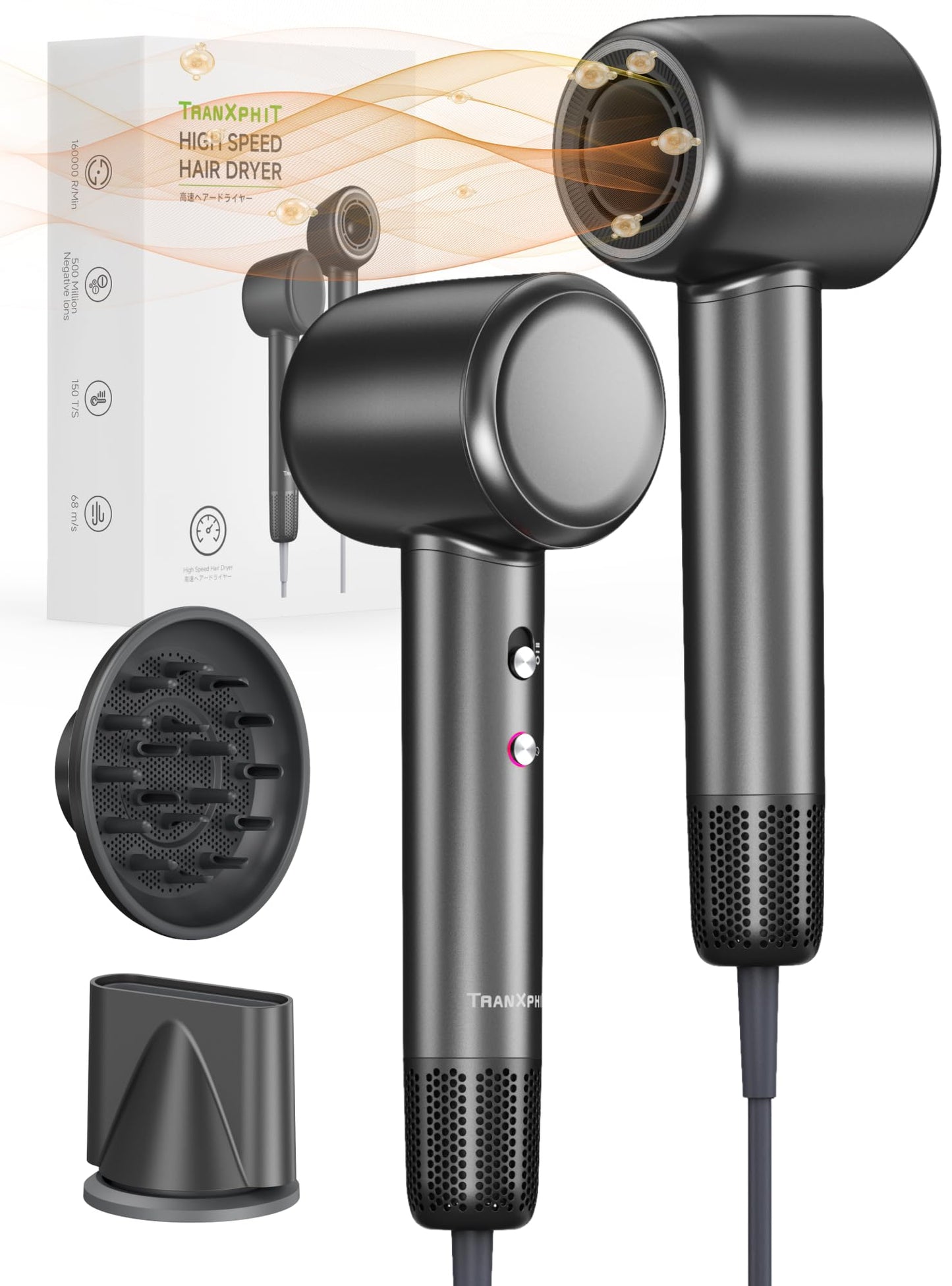 TRANXPHIT Hair Dryer Blow Dryer: Ionic Professional High-Speed 160000 RPM Brushless Motor 500M Negative Ionic Hairdryer Fast Drying Low Noise Thermo-Control for Salon & Home with Magnetic Diffuser & Nozzle