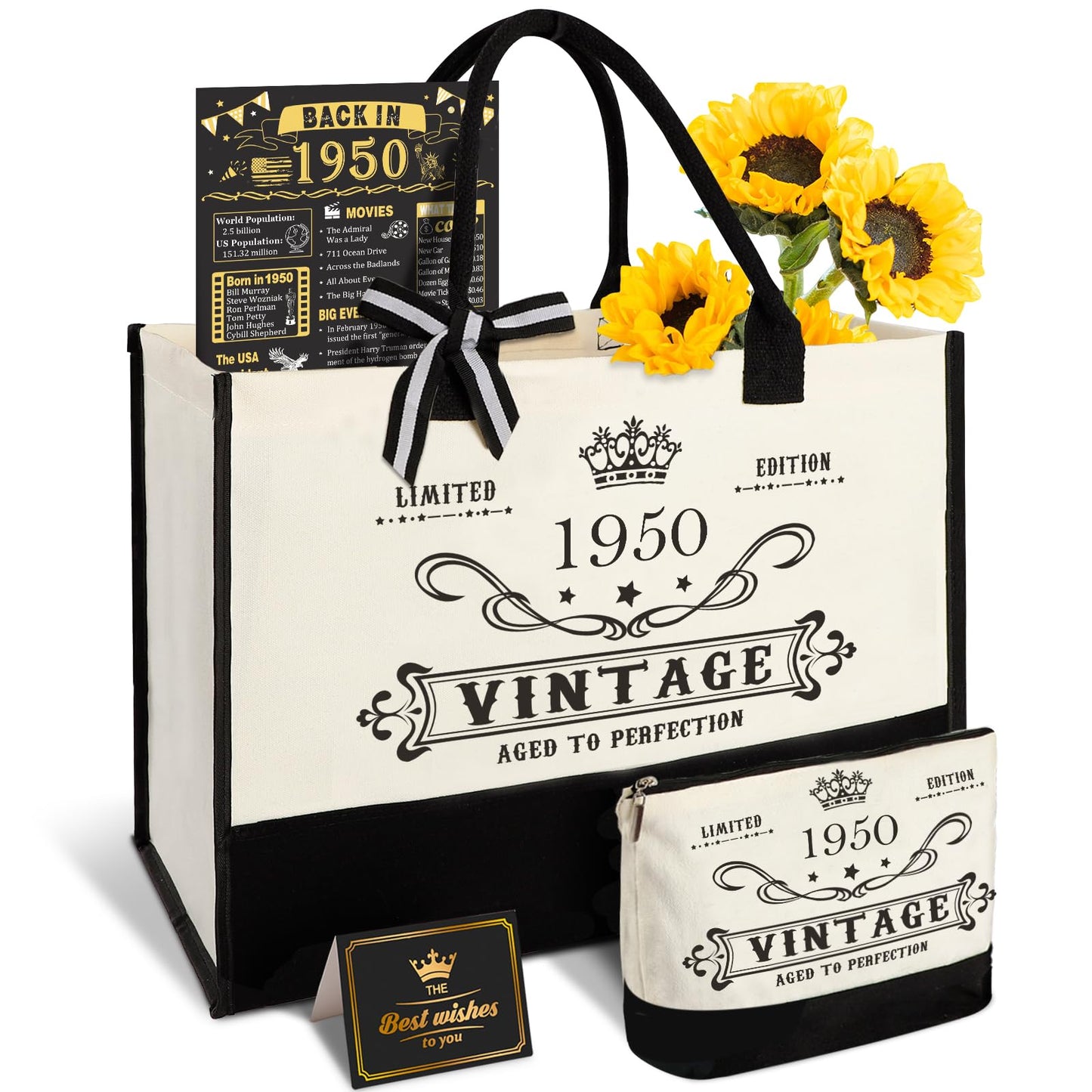 75th Birthday Gifts for Women Canvas Tote Bag Travel Gear, Unique 75 Years Old Birthday Gifts for Mom Wife Aunt Friends Her, Vintage 1950 Handbag & Cosmetic Bag & Back in 1950 Poster