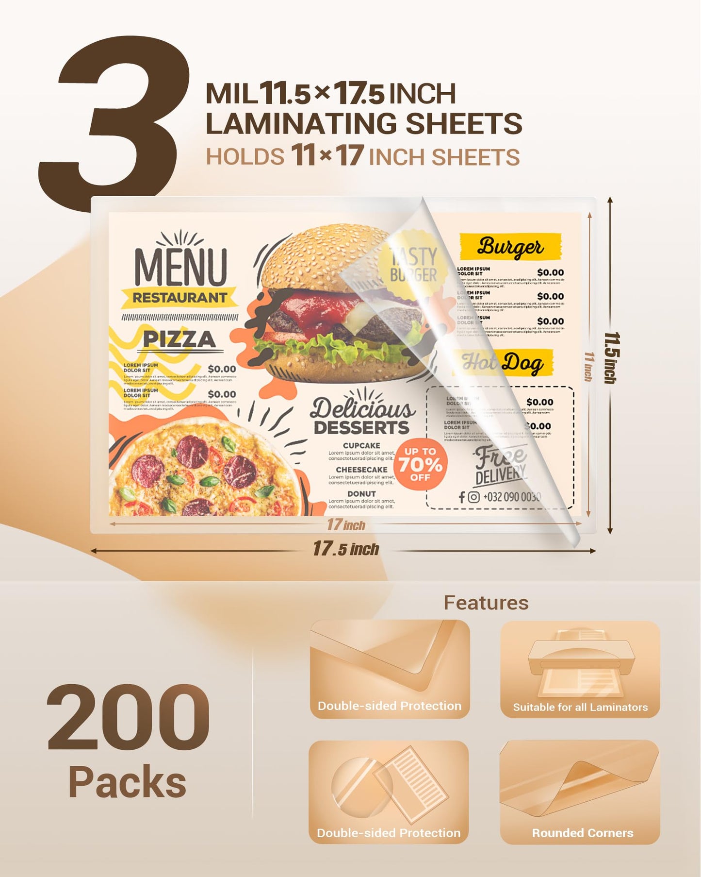 Uinkit Thermal Laminating Pouches 3Mil 11.5x17.5 Inches Laminating Sheets for Extra Protection for Sealed A3 11x17 Photo and documents 200 Sheets Pack, Clear. (200, 11.5x17.5"-A3 Size)