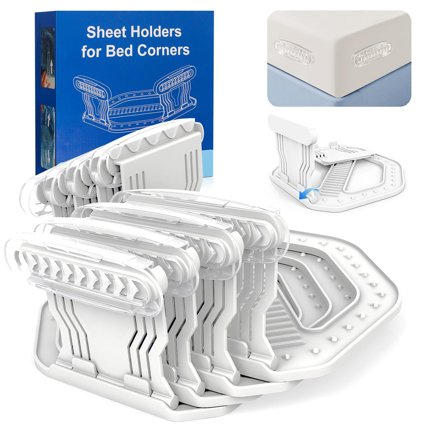 AMOVO Bed Sheet Holders for Corners Keep Sheets in Place Firmly - Foldable Fitted Sheet Holders Heavy Duty Sheet Locks Mattress Sheet Fasteners, Set of 4 Lock Sheet Clips (White)