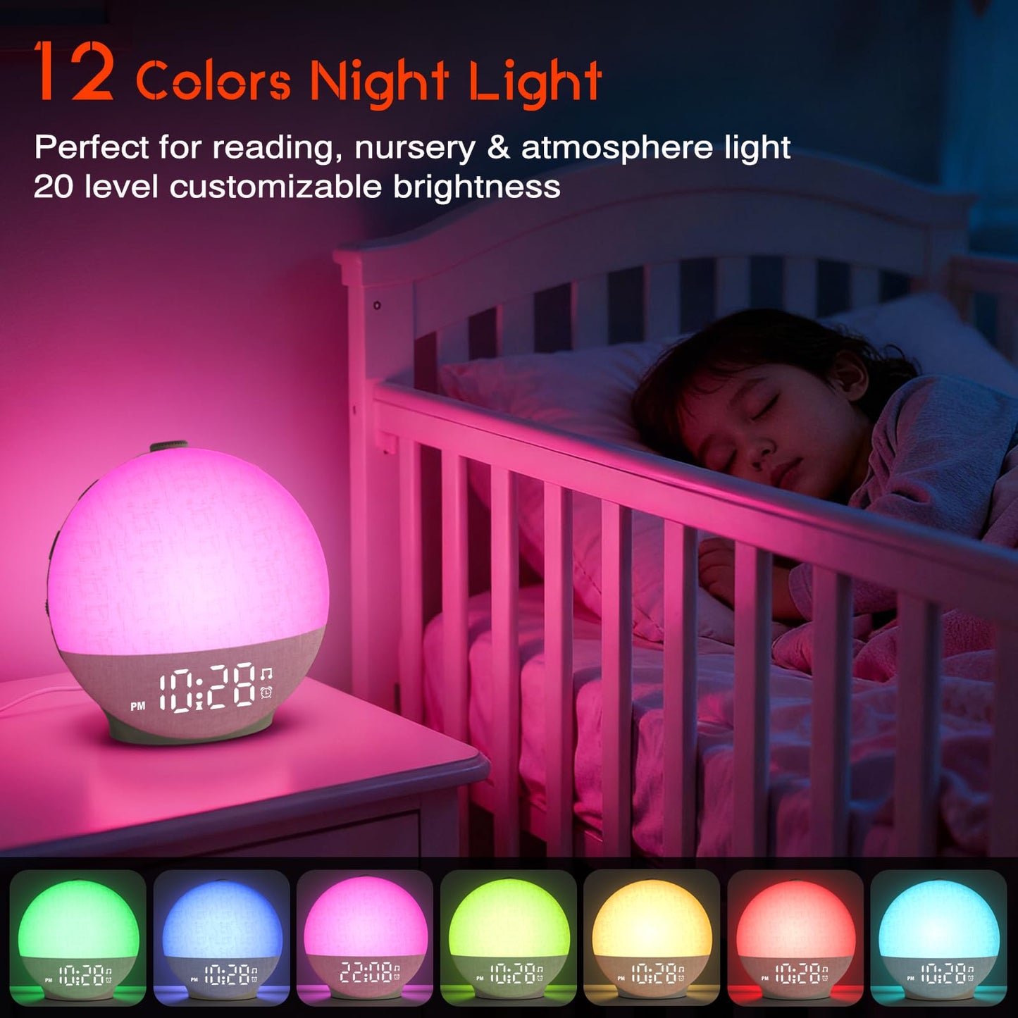 Sunrise Alarm Clock with Sunset Simulation, White Noise Machine, 30 Soothing Sounds, 12 Color Night Light, Dimmable Sunlight Wake Up Lamp, Digital Clock for Kids Heavy Sleepers Adults Teens Bedrooms