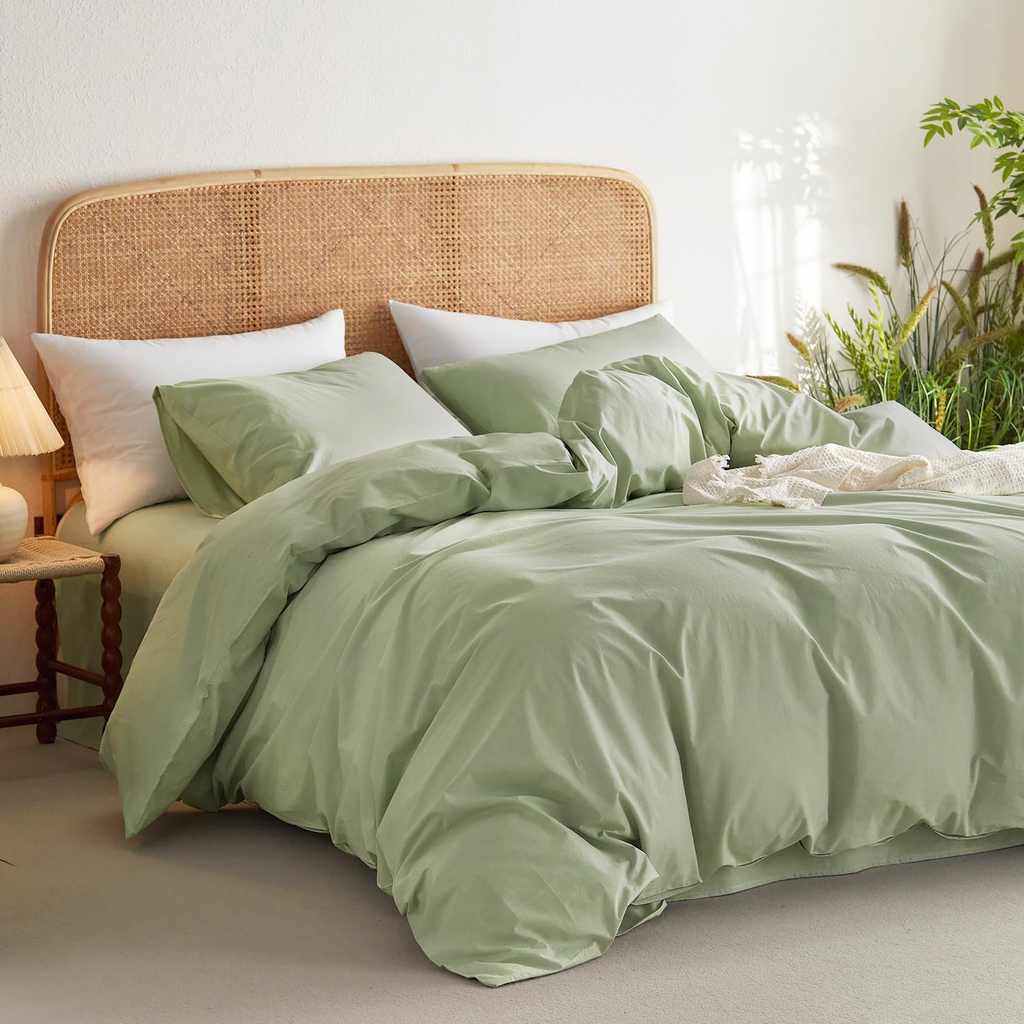 Wake In Cloud - Sage Green Cotton Duvet Cover Set, Queen Size, 100% Washed Cotton Plain Solid Color, Linen Like Textured, Breathable Durable Farmhouse Neutral Bedding Set, 3 Pieces
