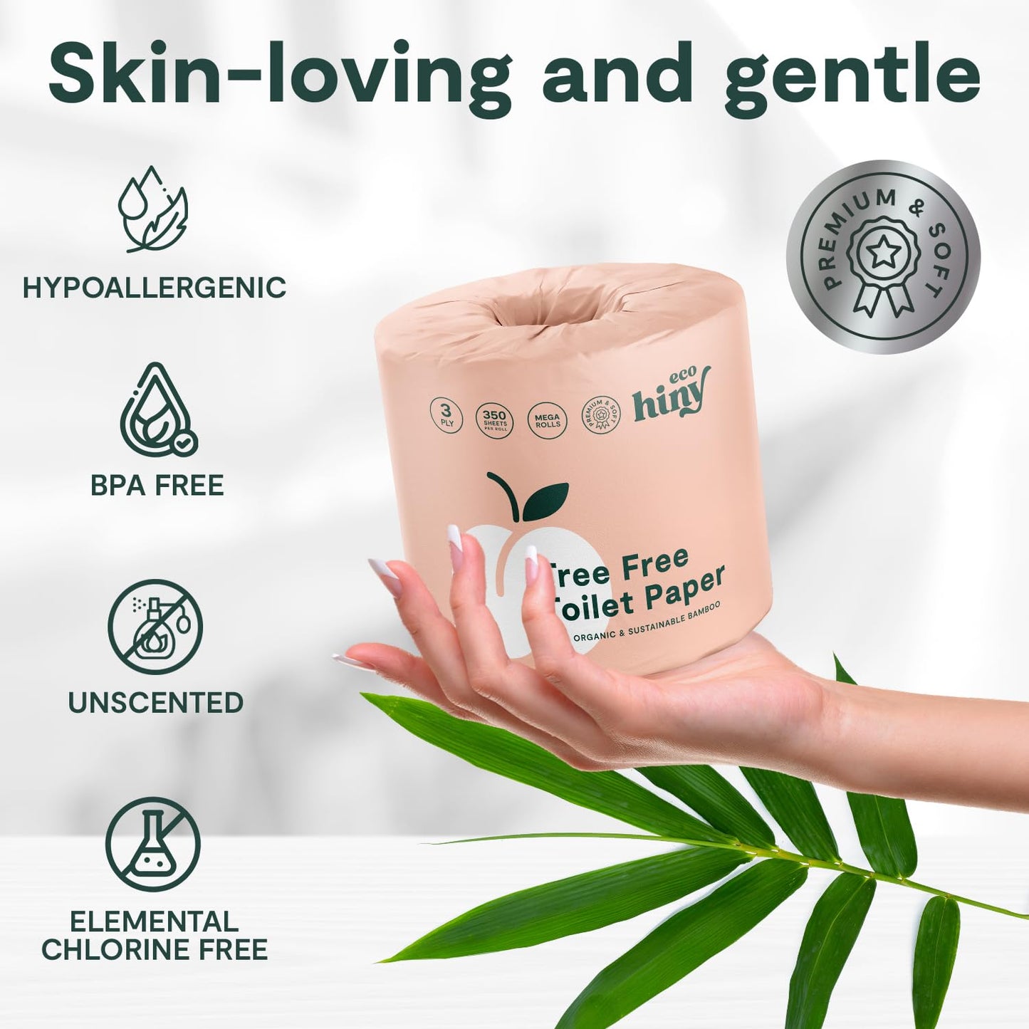 ECOHINY Premium & Soft Bamboo Toilet Paper | 12 Mega Rolls, 350 Sheets Each, 3-Ply | FSC Certified, PFAS & BPA Free, Septic Safe | Tree & Plastic Free Packaging