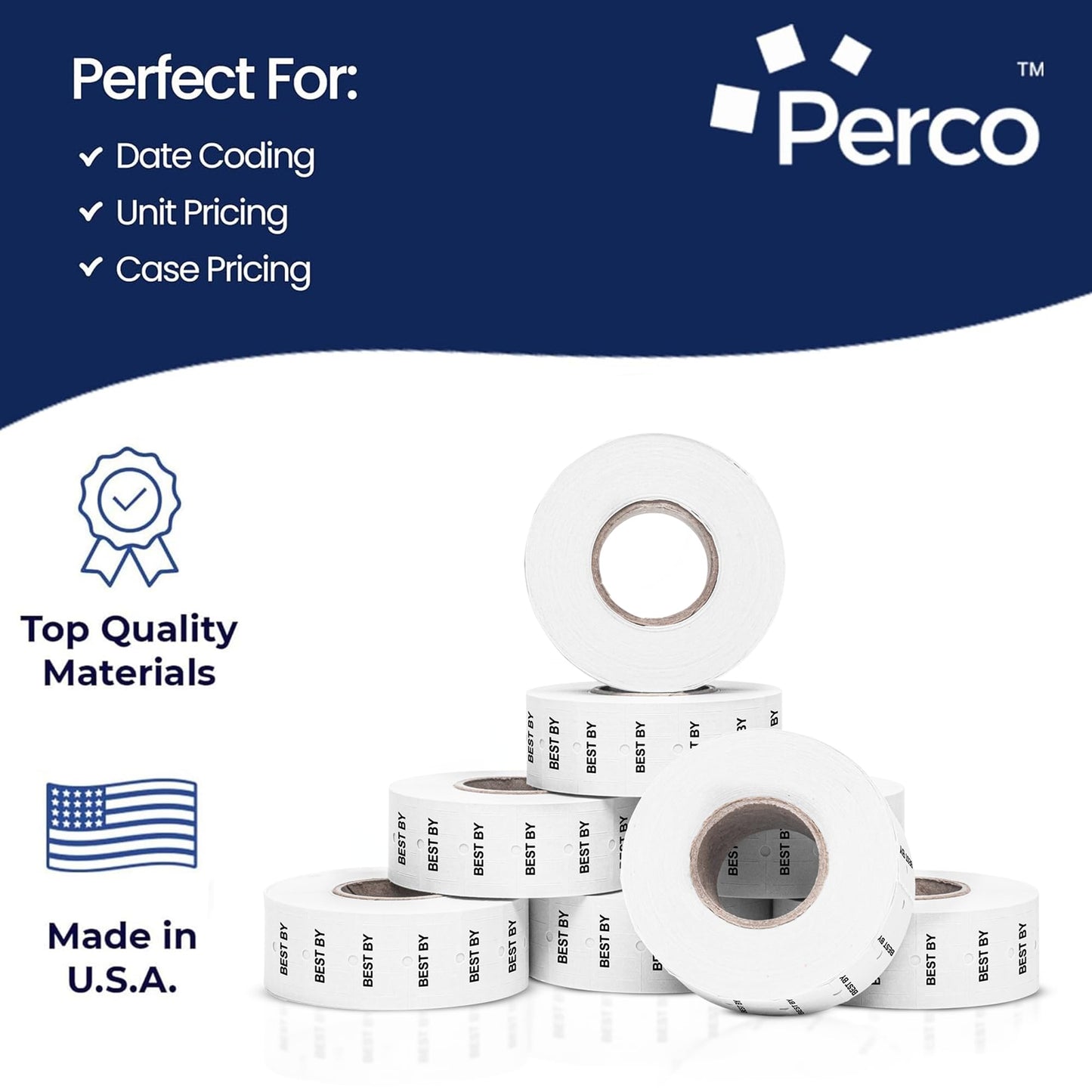 Perco Best BY 1 Line Labels - 8 Rolls, 1 Sleeve, 8,000 Blank Date Gun Labels for Perco 1 Line Date Guns - Made in USA