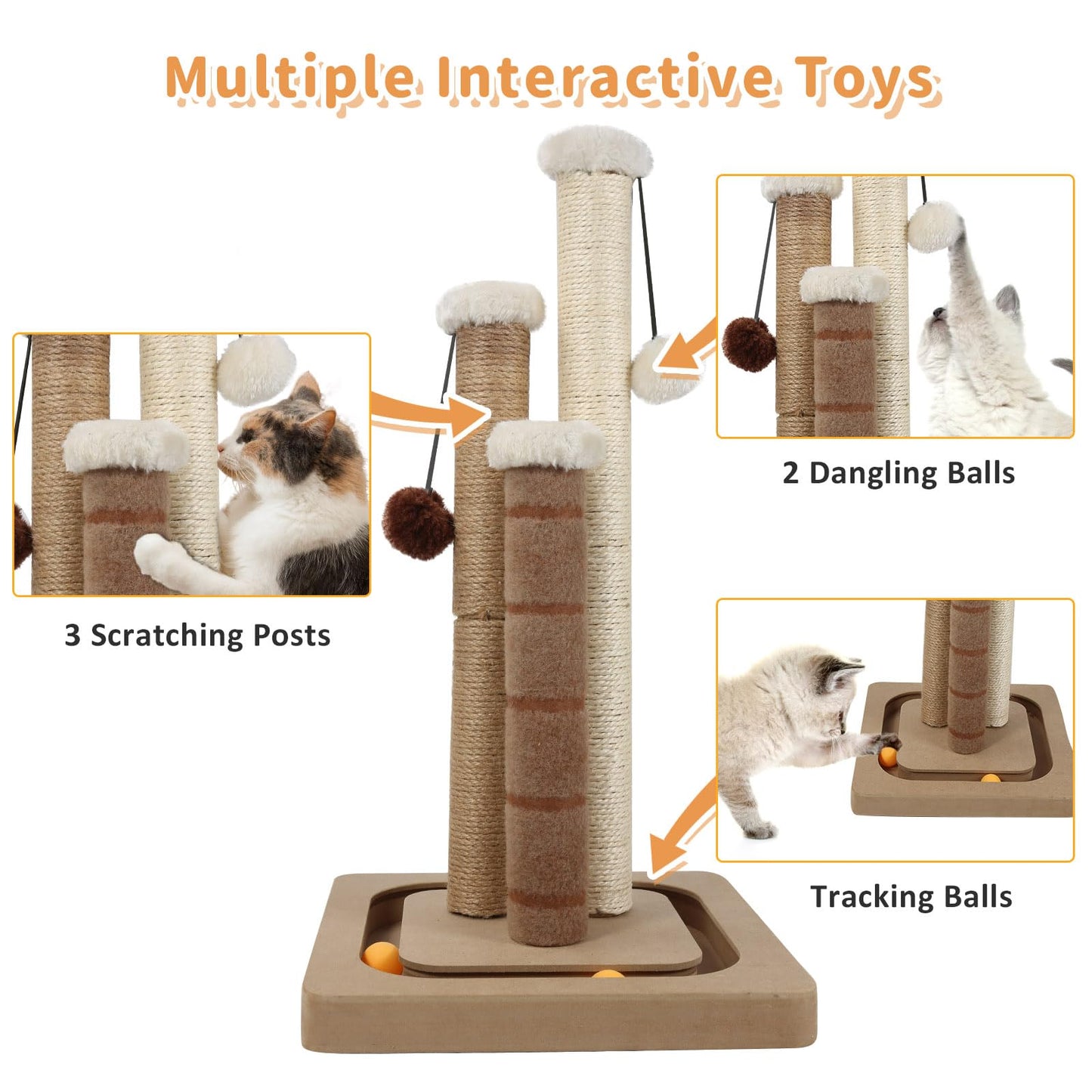 AUSCAT Cat Scratching Post with 3 Scratching Poles, Vertical Sisal Cat Scratcher with Dangling Balls & Track Balls, Scratching Post for Indoor Cats and Kittens
