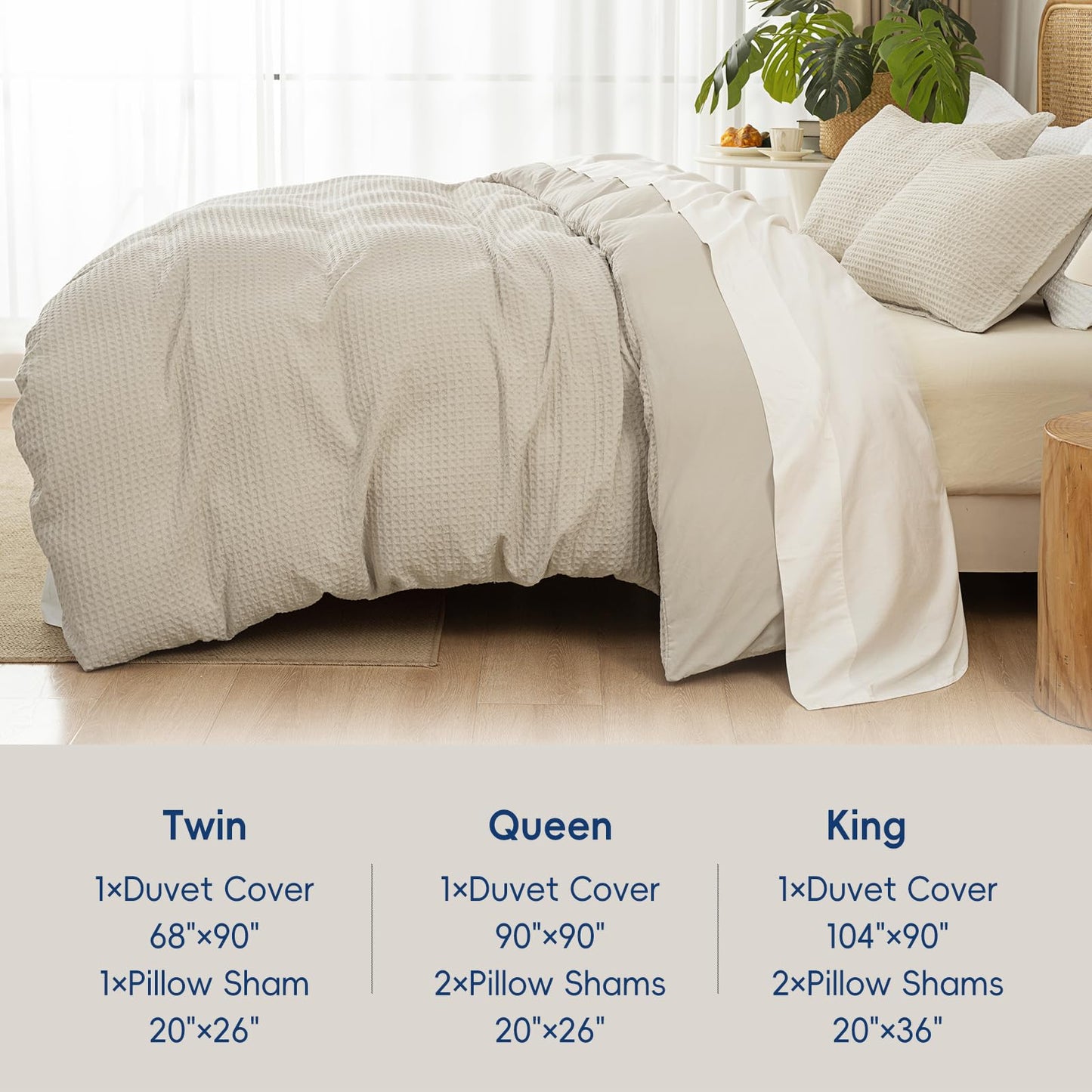 David's Home Waffle Weave Duvet Cover Set Queen Size,Soft Breathable 3pcs Comforter Cover Set with 2 Pillowcases,Textured Home Decor Bedding Set Cozy for All Seasons, Nature 90"×90",No Comforter