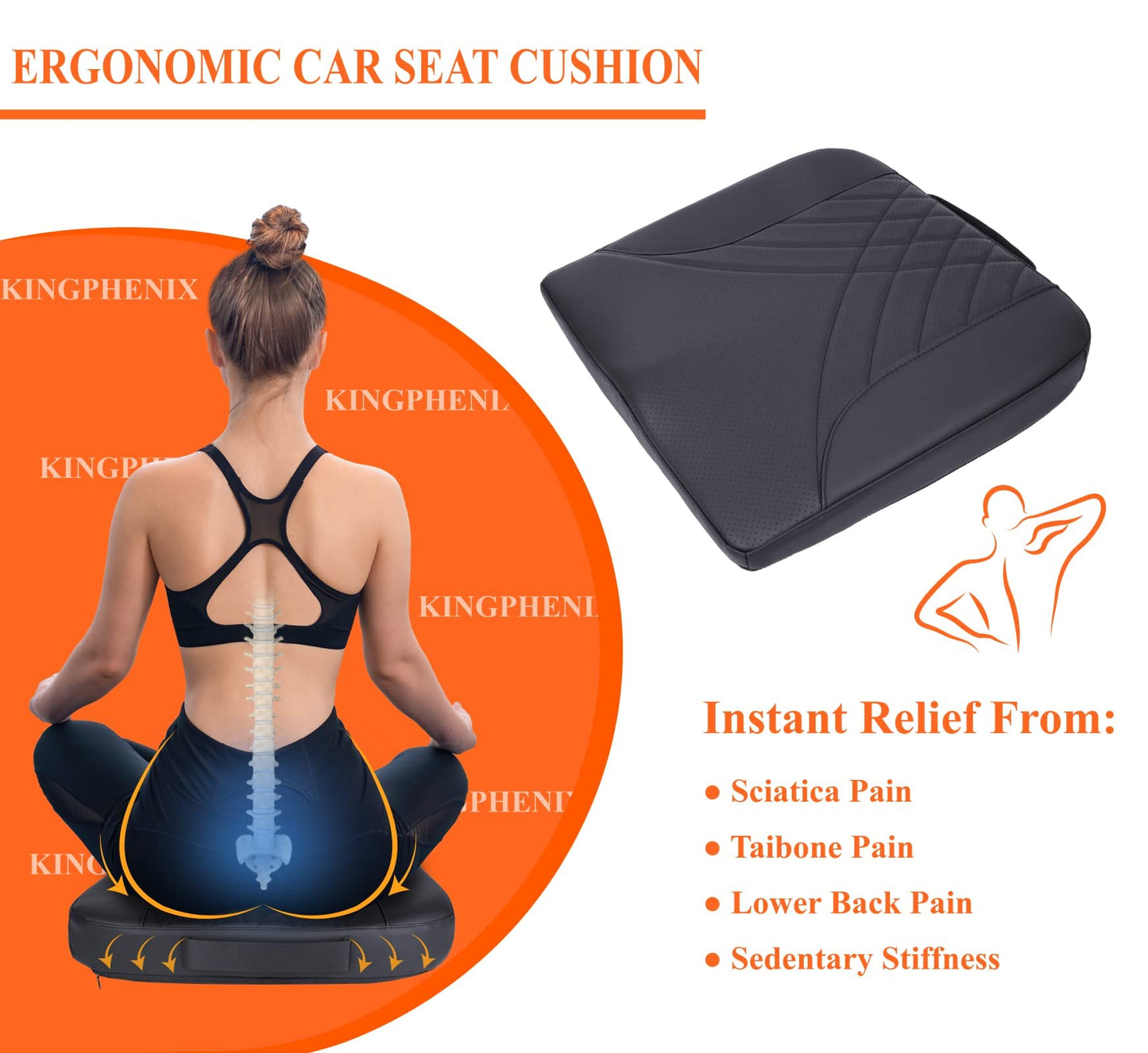 kingphenix Premium Car Seat Cushion, Memory Foam Driver Seat Cushion to Improve Driving View - Coccyx & Lower Back Pain Relief - Seat Cushion for Car, Truck, Office Chair - Black