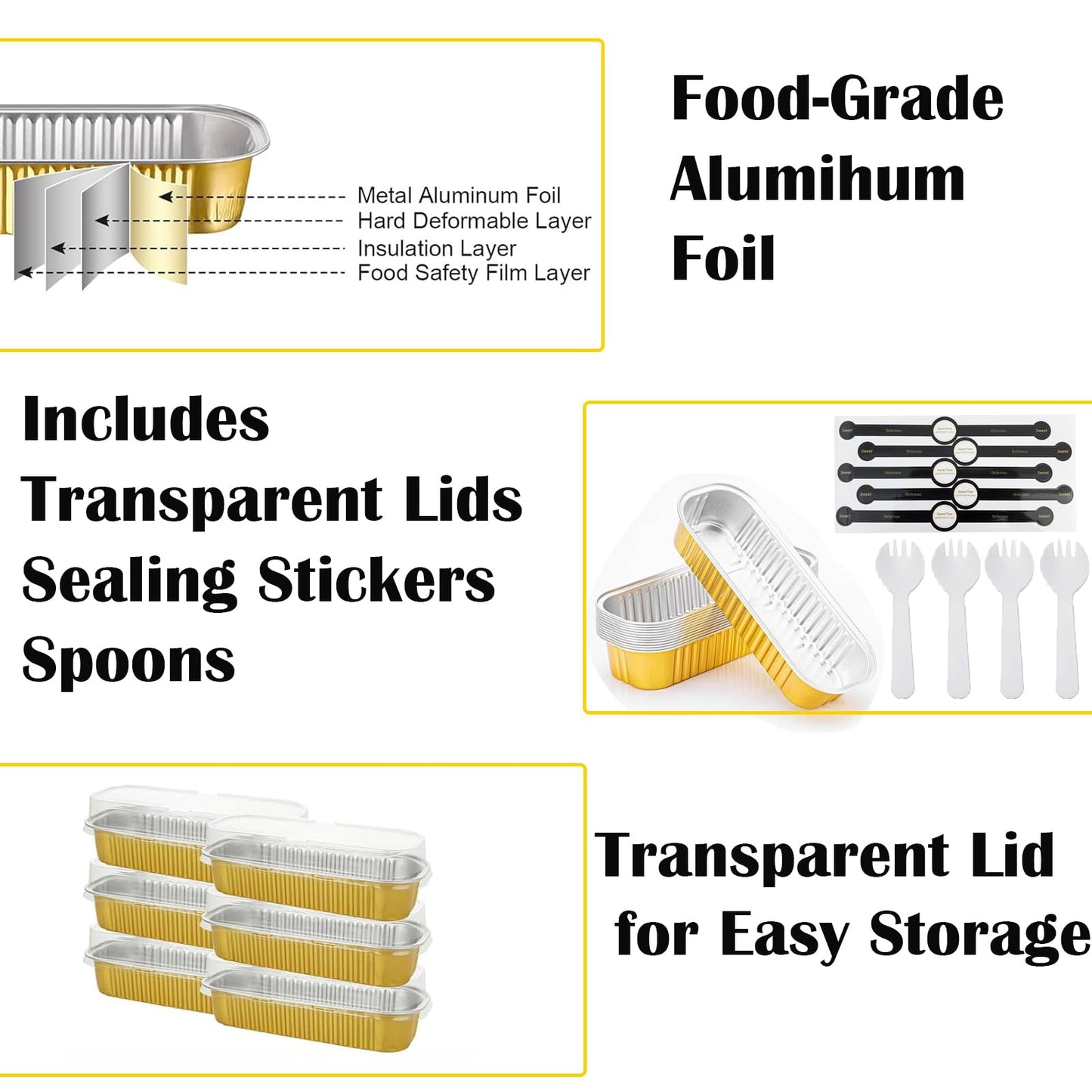 100 Pack Mini Loaf Pans with Lids and Spoons Sealing Sticker, 6.8oz Mini Cake Pans for Baking, Disposable Aluminum Foil Loaf Pans, Loaf Baking Pans, Small Cake Containers with Lids(Gold)