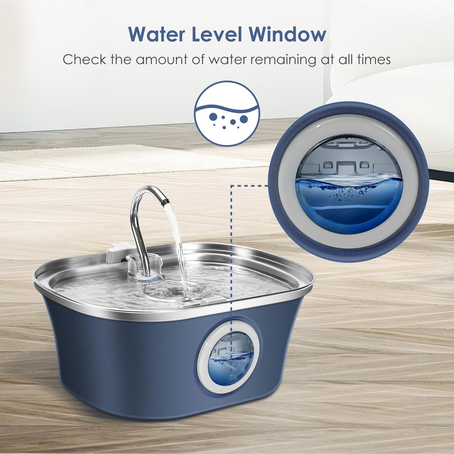 Cat Water Fountain, 3.2L/108oz Automatic Stainless Steel Pet Water Fountain with Water Level Window, Pet Water Dispenser Cat Drinking Feeding Fountains with Ultra-Quiet Pump for Pets, Navy(1 Brush)