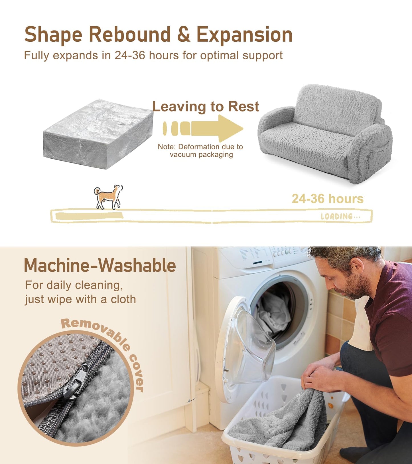 2-in-1 Sherpa Fold Out Kids Couch, Extra Wide Toddler Couch, Flip-Out Foam Couch with Soft Sherpa Cover, Modern Foldable Kids Furniture for Boys & Girls 3+, Gray
