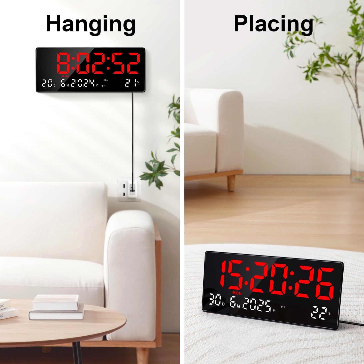 Lafocuse Large Digital Wall Clock 15.5 Inch LED Display, Red Digital Clock Powered by Cord with Remote Control, 2 Alarms, Date, Week, Temperature, Modern Electronic Clock for Living Room Bedroom