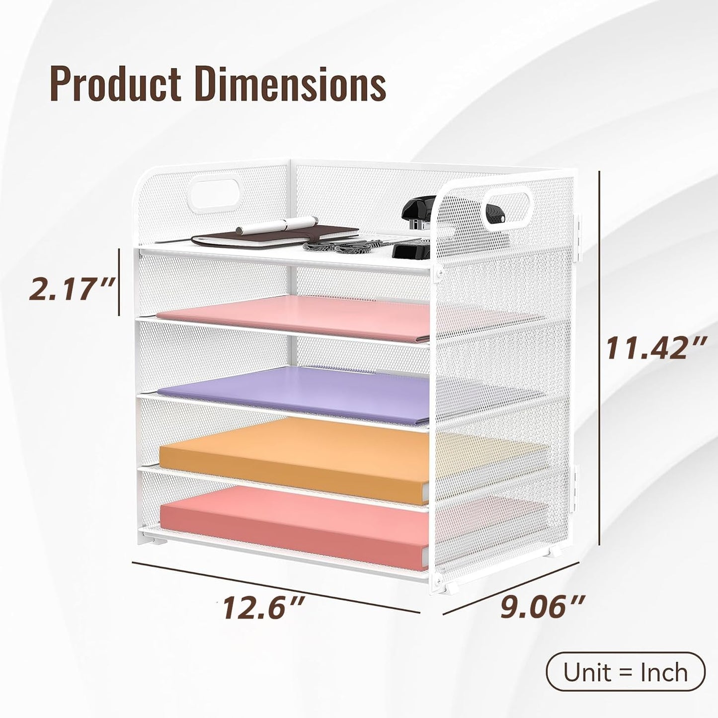 Supeasy 5 Trays Paper Organizer Letter Tray with Handle-Mesh Desk File Organizer, Paper Sorter for Office, Home or School, White