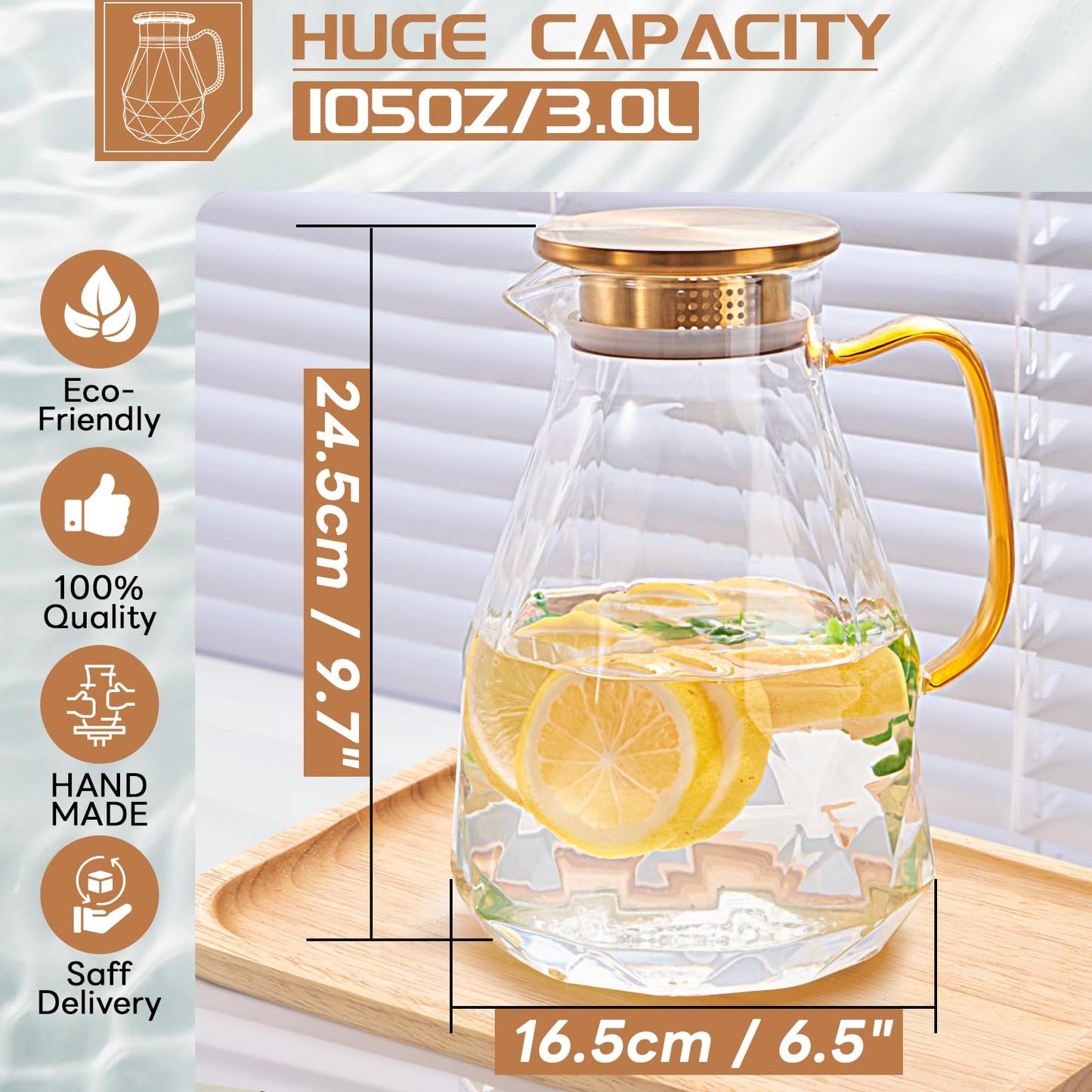 Yirilan Glass Pitcher, 3 Liter Water Pitcher with Lid, Iced Tea Pitcher for Fridge, Glass Water Carafe with Lid, Glass Water Jug, Large Drink Pitcher for Juice, Milk, Cold Or Hot Beverages