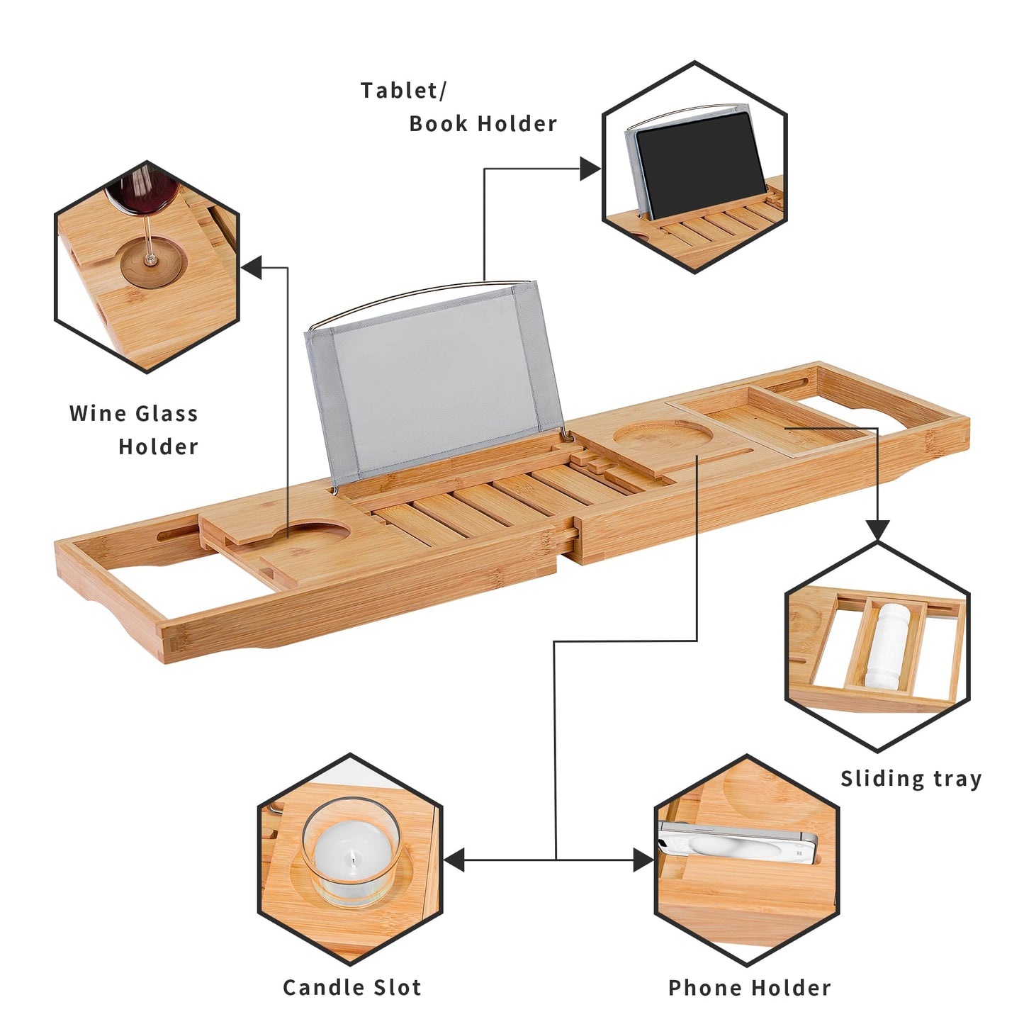 Utoplike Bathtub Caddy Tray, Bamboo Tub Tray with Sliding Towel Holder, Bath Table with Book Holder, Phone Stand and Adjustable Book Reading Rack, Tablet Slots