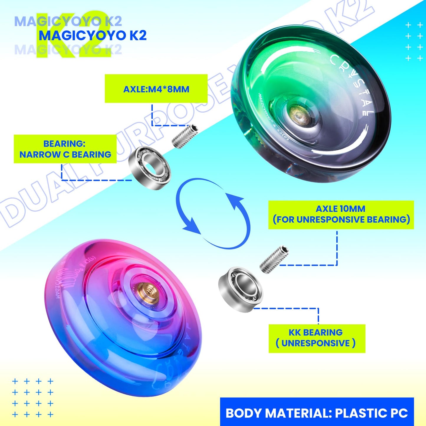MAGICYOYO K2 Professional Yoyo Set - 2 Pack Dual Mode (Responsive/Unresponsive) with 12 Strings, Bearing Tool & Case - Best for Kids/Beginners (Crystal Gradient)