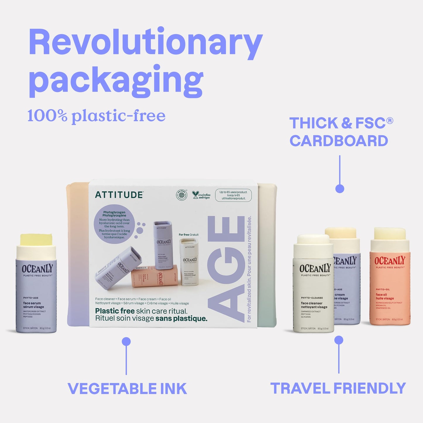 ATTITUDE Oceanly Aging Skin Daily Facial Care Routine Box Set, EWG Verified, Plastic-free, Plant and Mineral-Based Ingredients, Vegan and Cruelty-free, PHYTO AGE, Set of 4 Travel Size Bars