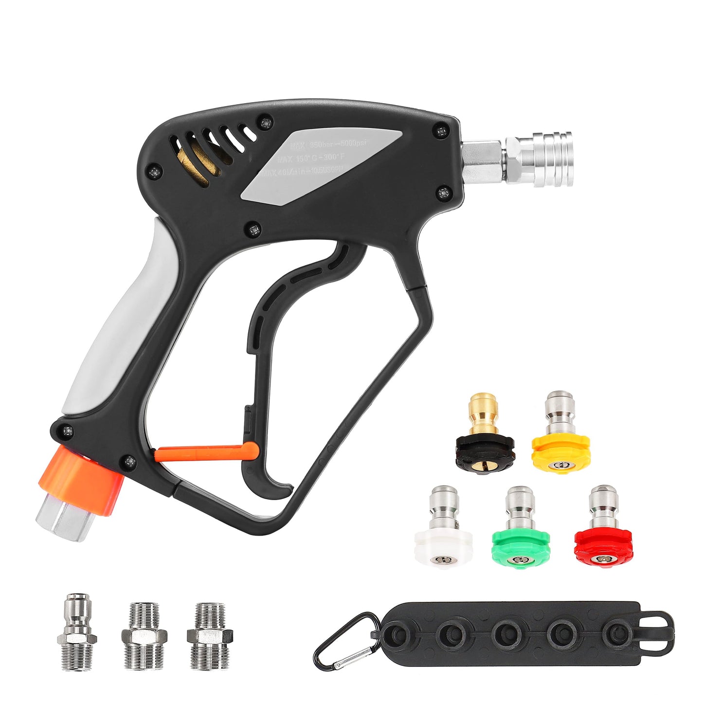 PWACCS Pressure Washer Gun with Swivel, Short Power Washer Gun with 3/8” Quick Connector, M22 14mm /15mm Fitting, 5 Pressure Washer Nozzle Tips with Holder, 5000 PSI