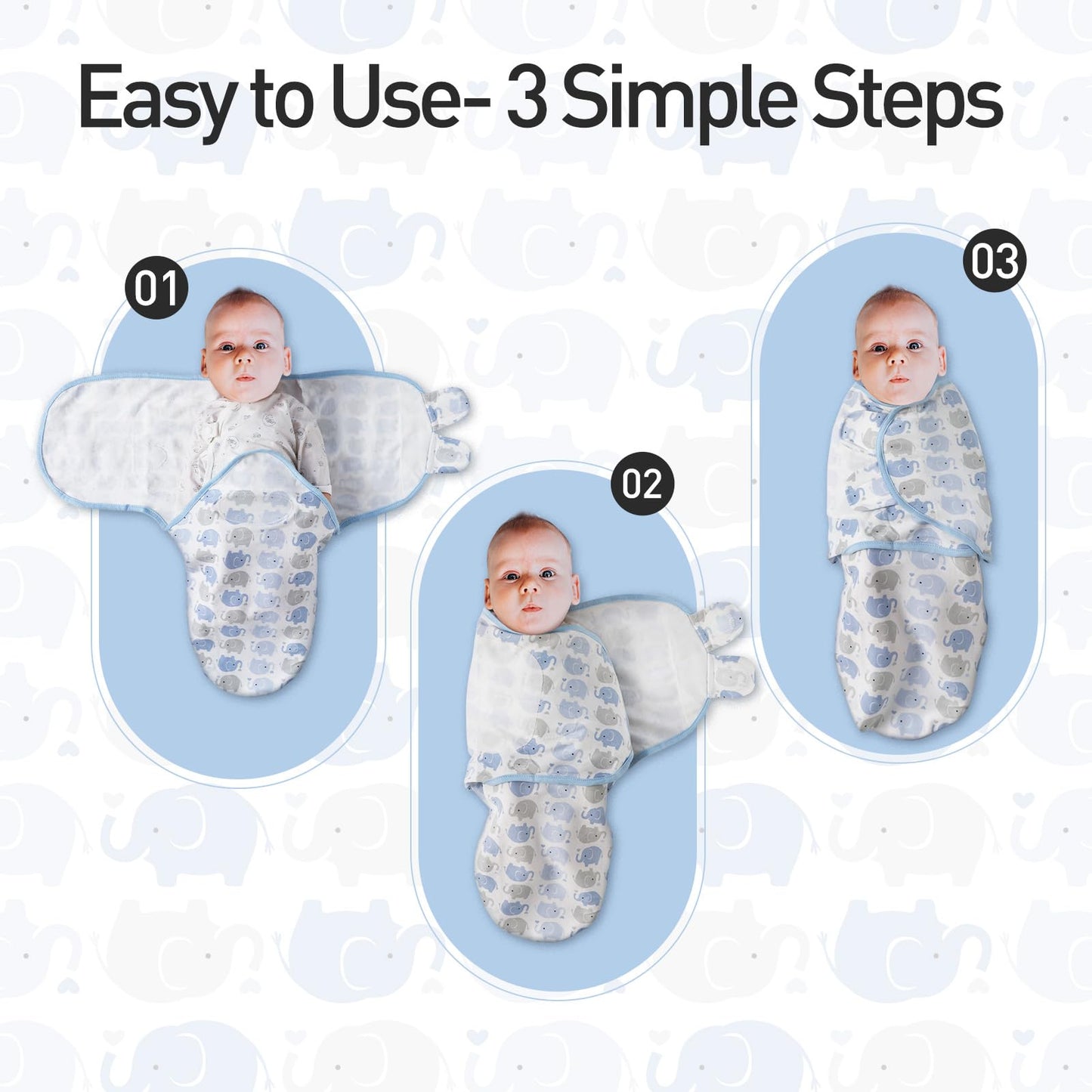 GLLQUEN BABY 3-Pack Organic Baby Swaddle Sleep Sacks for Newborn - Baby Swaddles 0-3 Months, Baby Swaddle Sack, Blue & Elephant & Stripe, Baby Swaddle Blanket Wrap (Small/Medium)