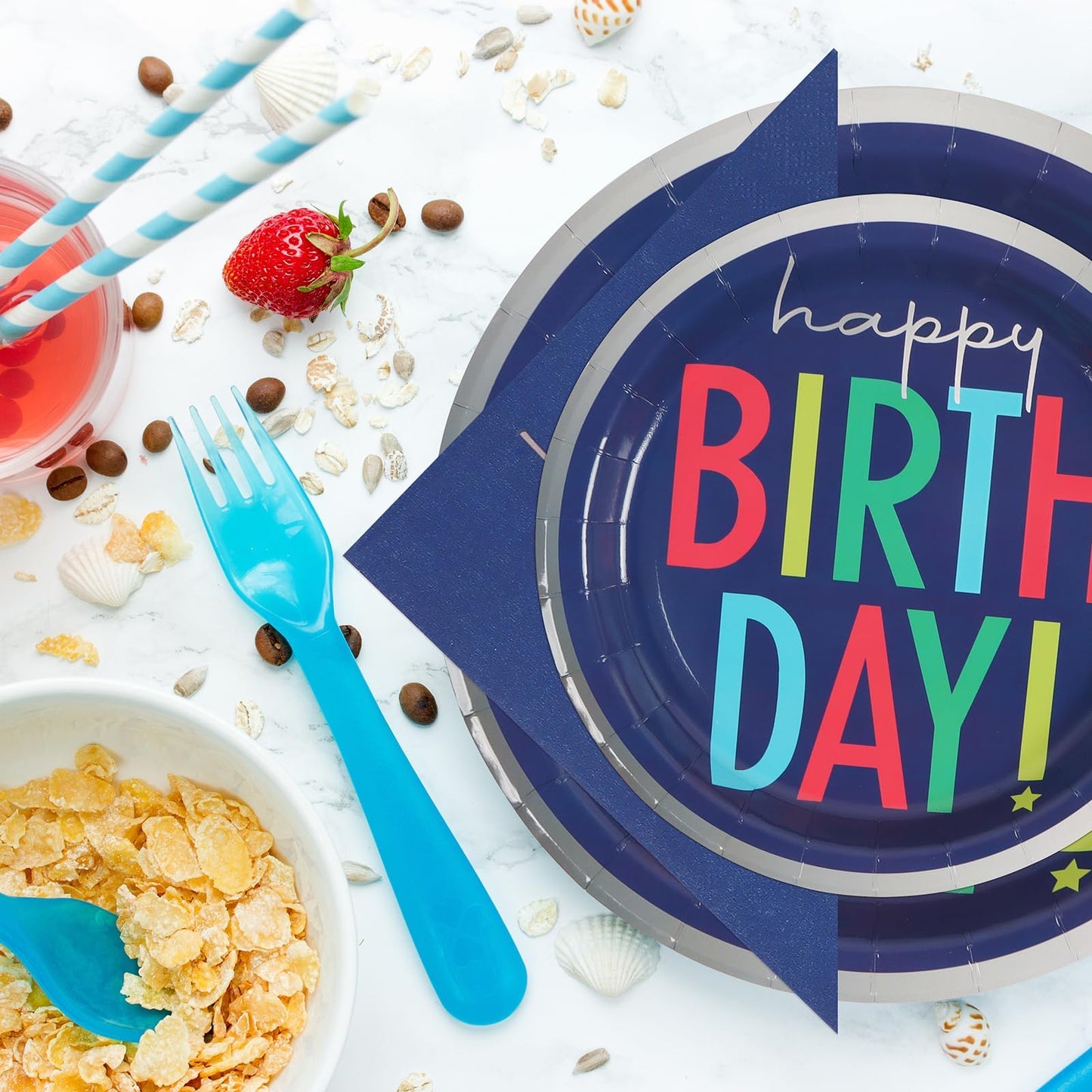 UVTQSSP 96 Pcs Party Plates and Cups and Napkins Sets, Birthday Paper Plates and Napkins, Disposable Tableware Set, Party Supplies for Kids Happy Birthday, Serve for 24, Blue Colorful Design